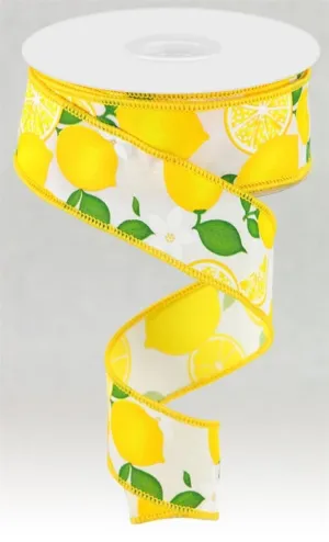 1.5" Lemon w/ Leaves Ribbon: White - 10yds