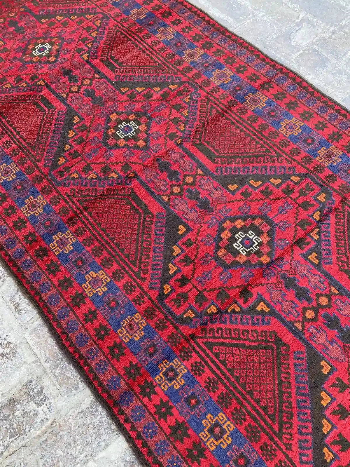 4'1 x 12'2 Afghan Belouchi Runner - Red and Blue Tribal Rug