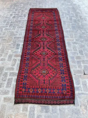 4'1 x 12'2 Afghan Belouchi Runner - Red and Blue Tribal Rug