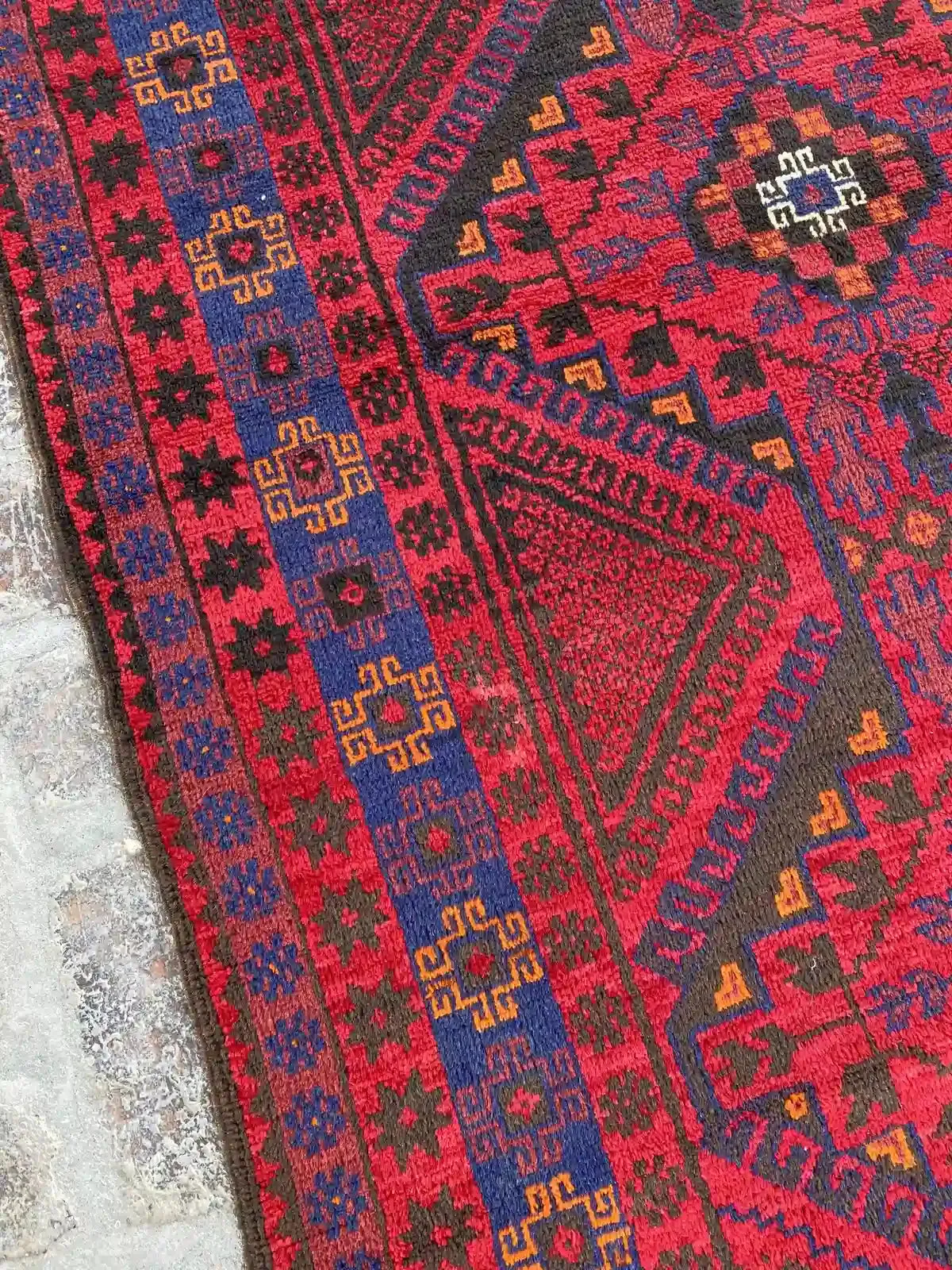 4'1 x 12'2 Afghan Belouchi Runner - Red and Blue Tribal Rug