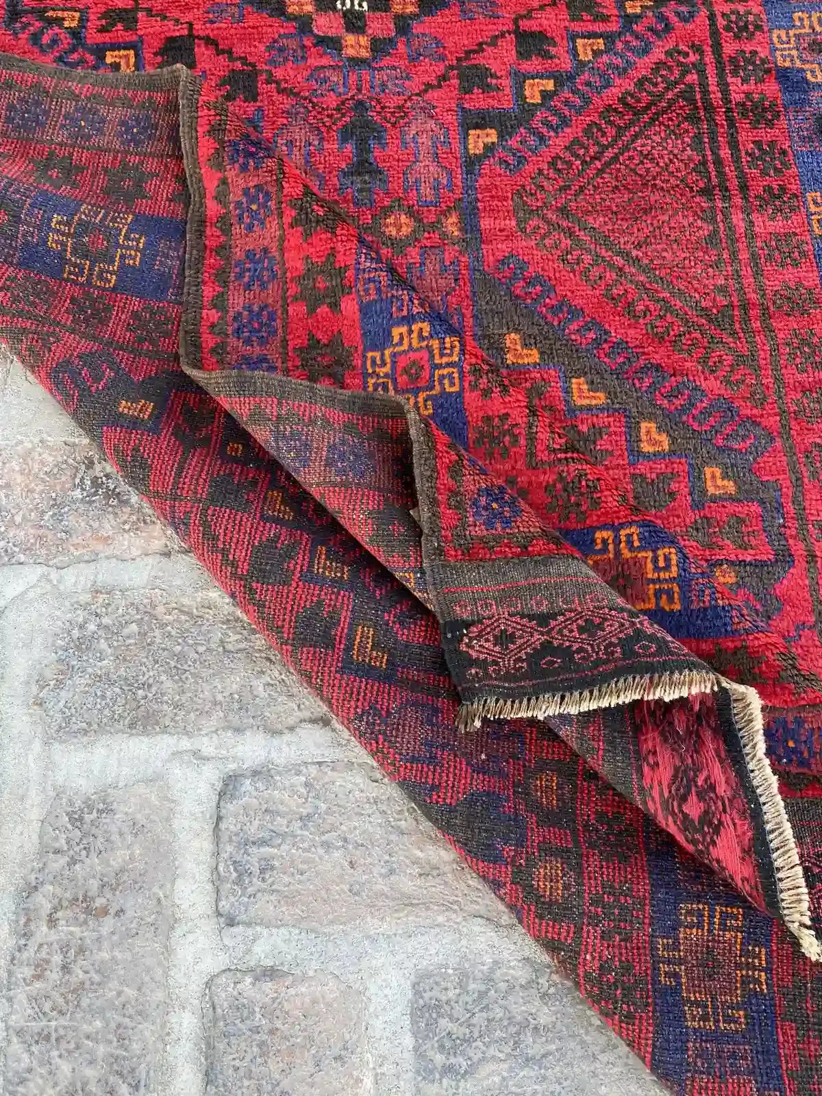 4'1 x 12'2 Afghan Belouchi Runner - Red and Blue Tribal Rug