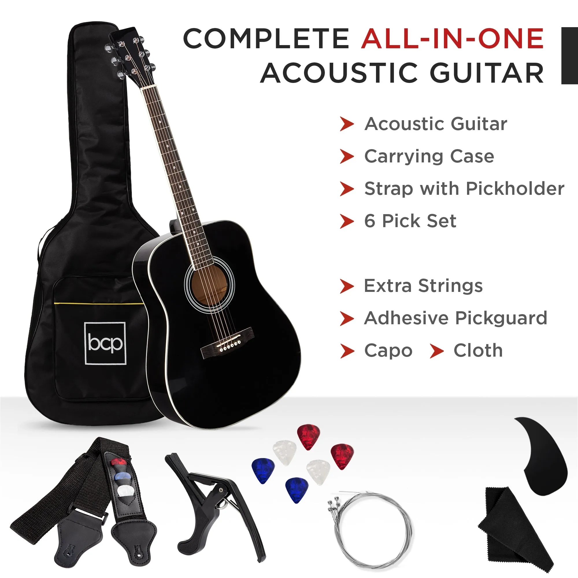 41in Acoustic Guitar Starter Kit w/ Digital Tuner, Padded Case, Picks, Strap