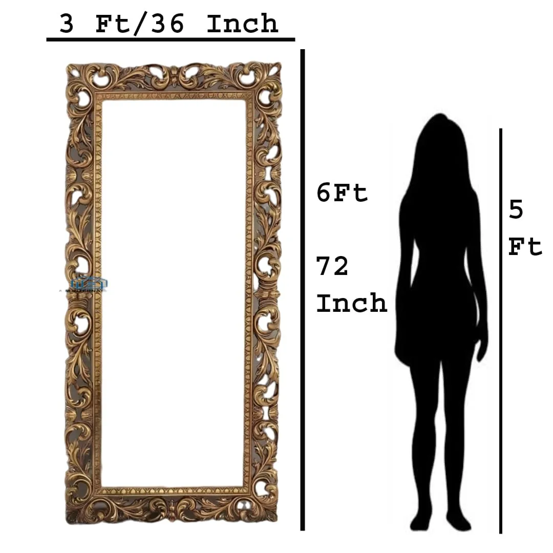 A.M INTERNATIONAL Wooden Mirror Frame for Wall Decoration | Wall Mirror for Bedroom | Antique Mirror Full Length |, Wall Mount| Mango Wood. (Antique Gold, 5x2.5) (6x3 FT)