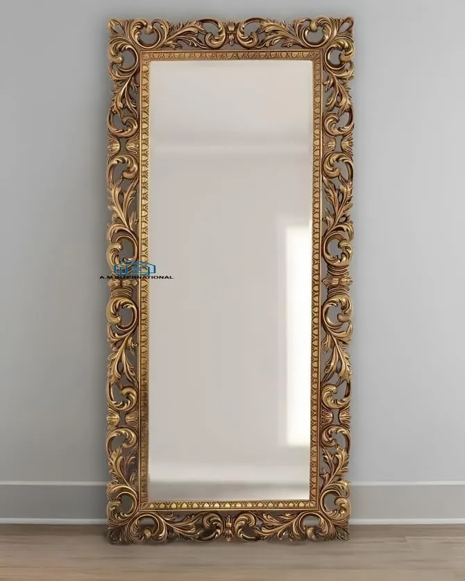 A.M INTERNATIONAL Wooden Mirror Frame for Wall Decoration | Wall Mirror for Bedroom | Antique Mirror Full Length |, Wall Mount| Mango Wood. (Antique Gold, 5x2.5) (6x3 FT)