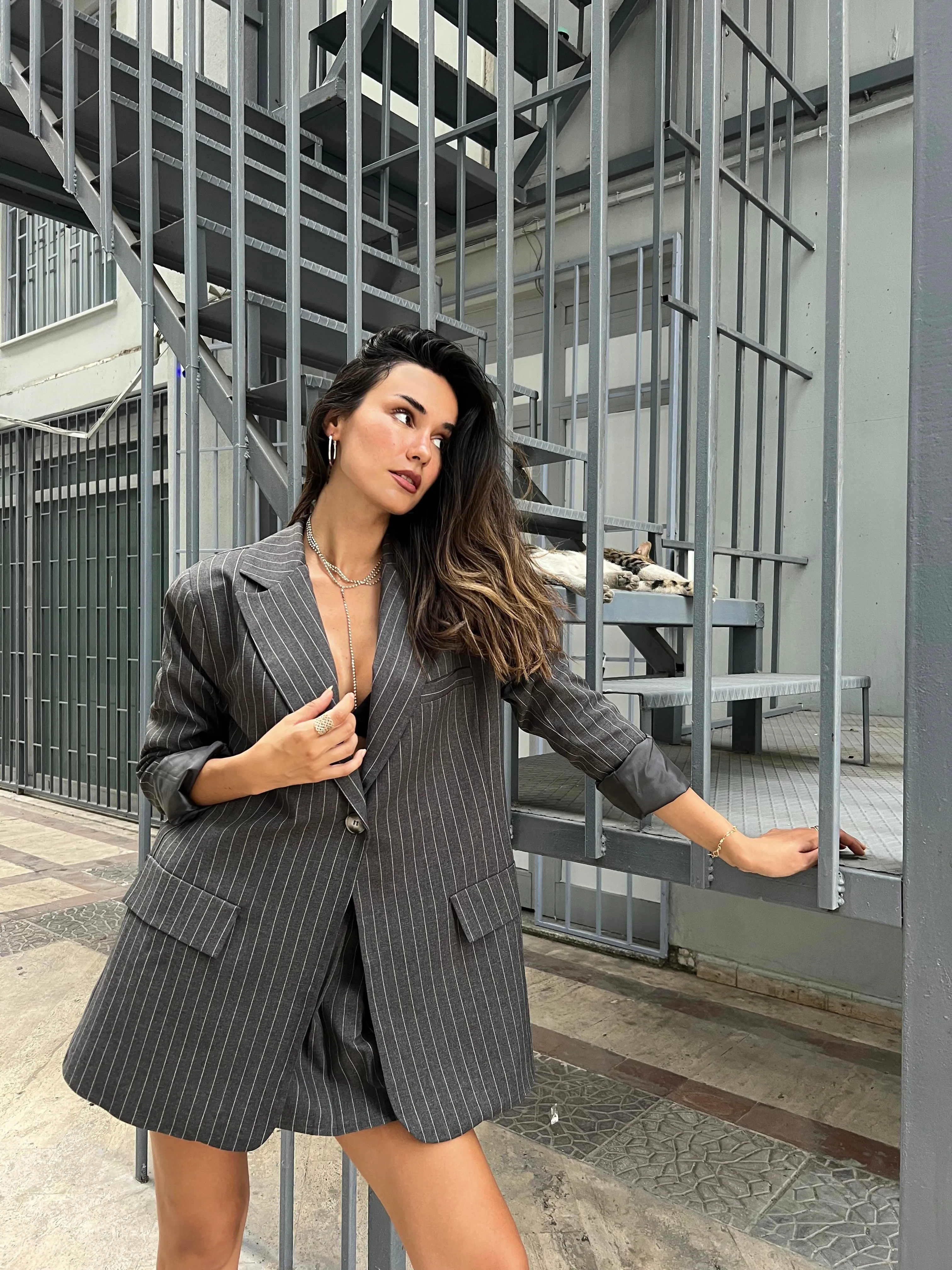 Anthracite Striped Oversized Blazer Jacket