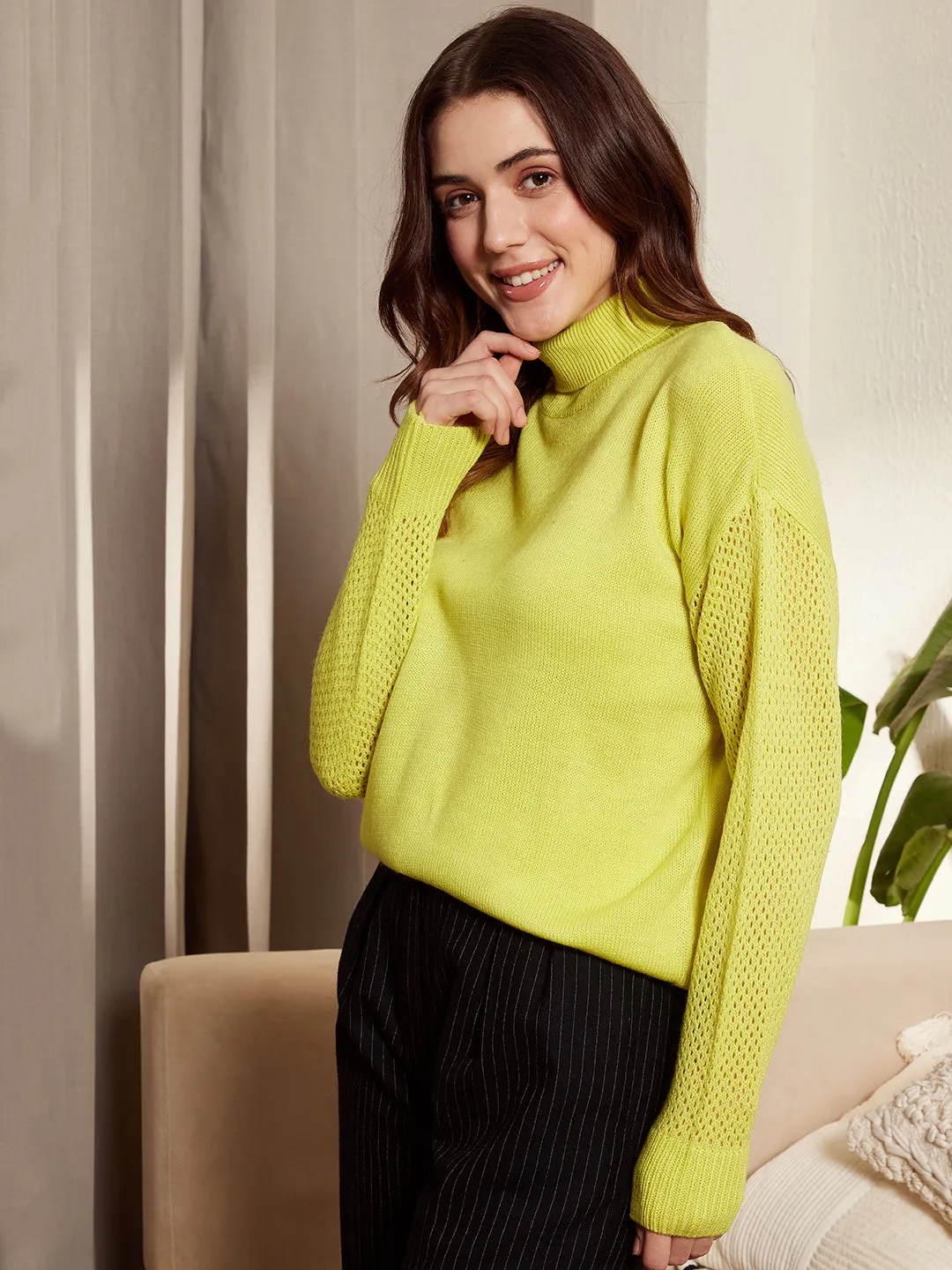 Berrylush Women Solid Bright Yellow Turtle Neck Drop-Shoulder Sleeves Acrylic Ribbed Hem Knitted Regular Sweater