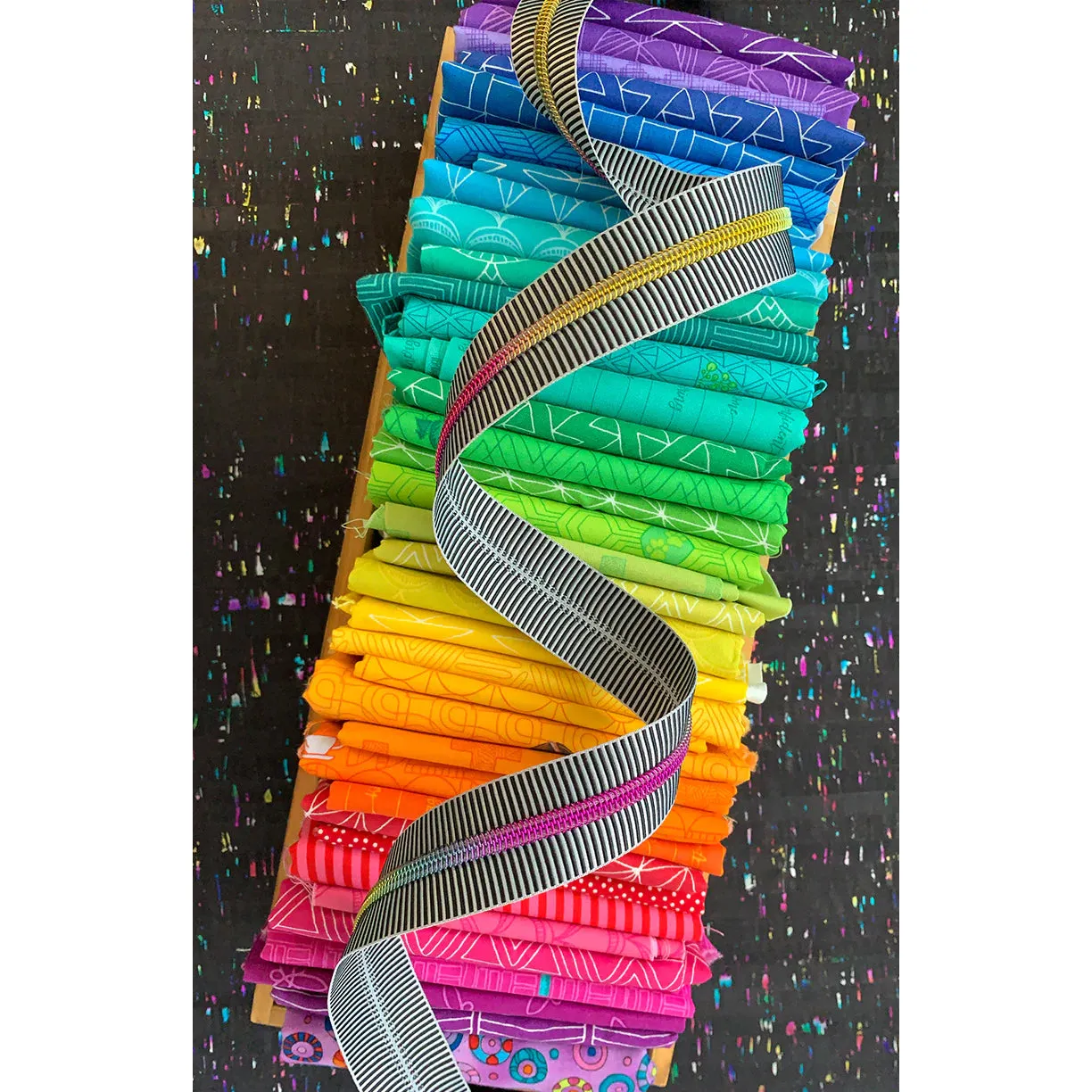 Black Striped Zipper Tape with Rainbow Teeth - 3 yards