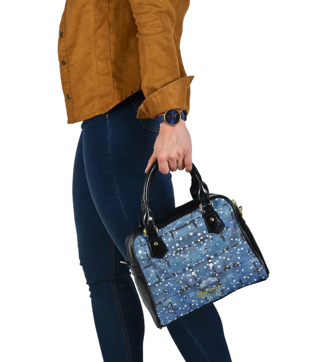 Blu&White Dotted Plaid Hand Bag w Shoulder Strap