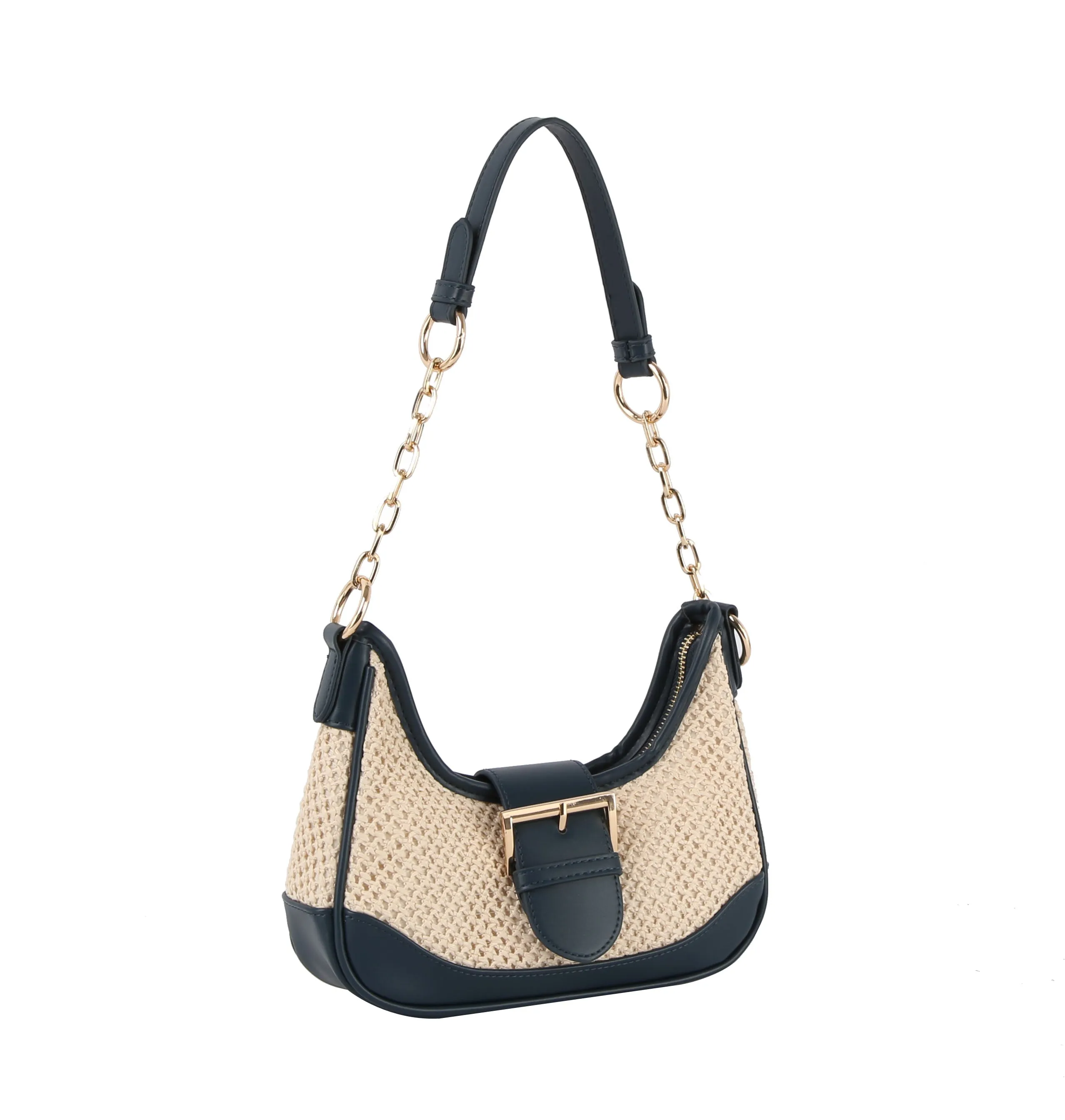 Buckle 2 tone fabric straw shoulder bag