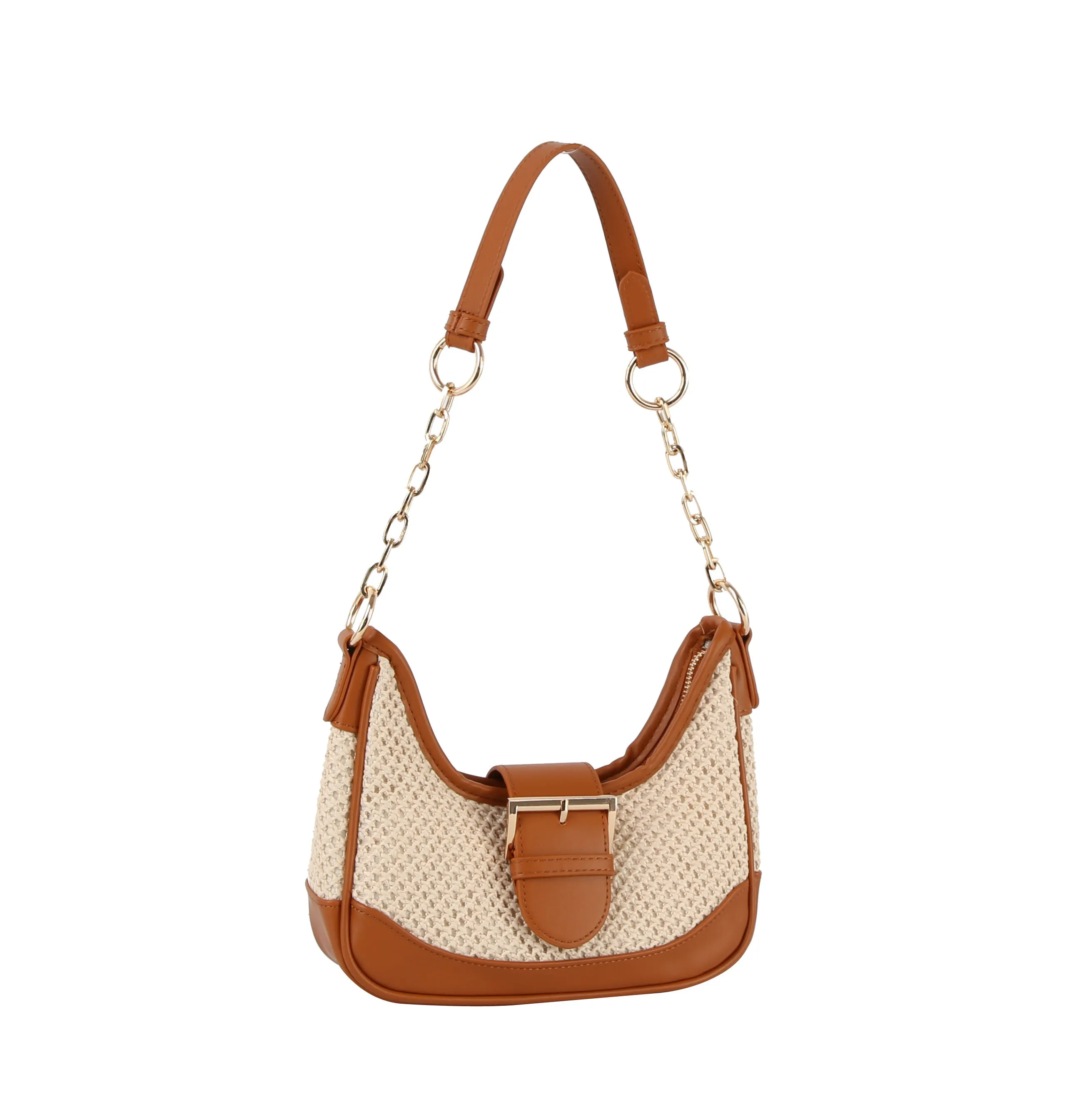 Buckle 2 tone fabric straw shoulder bag