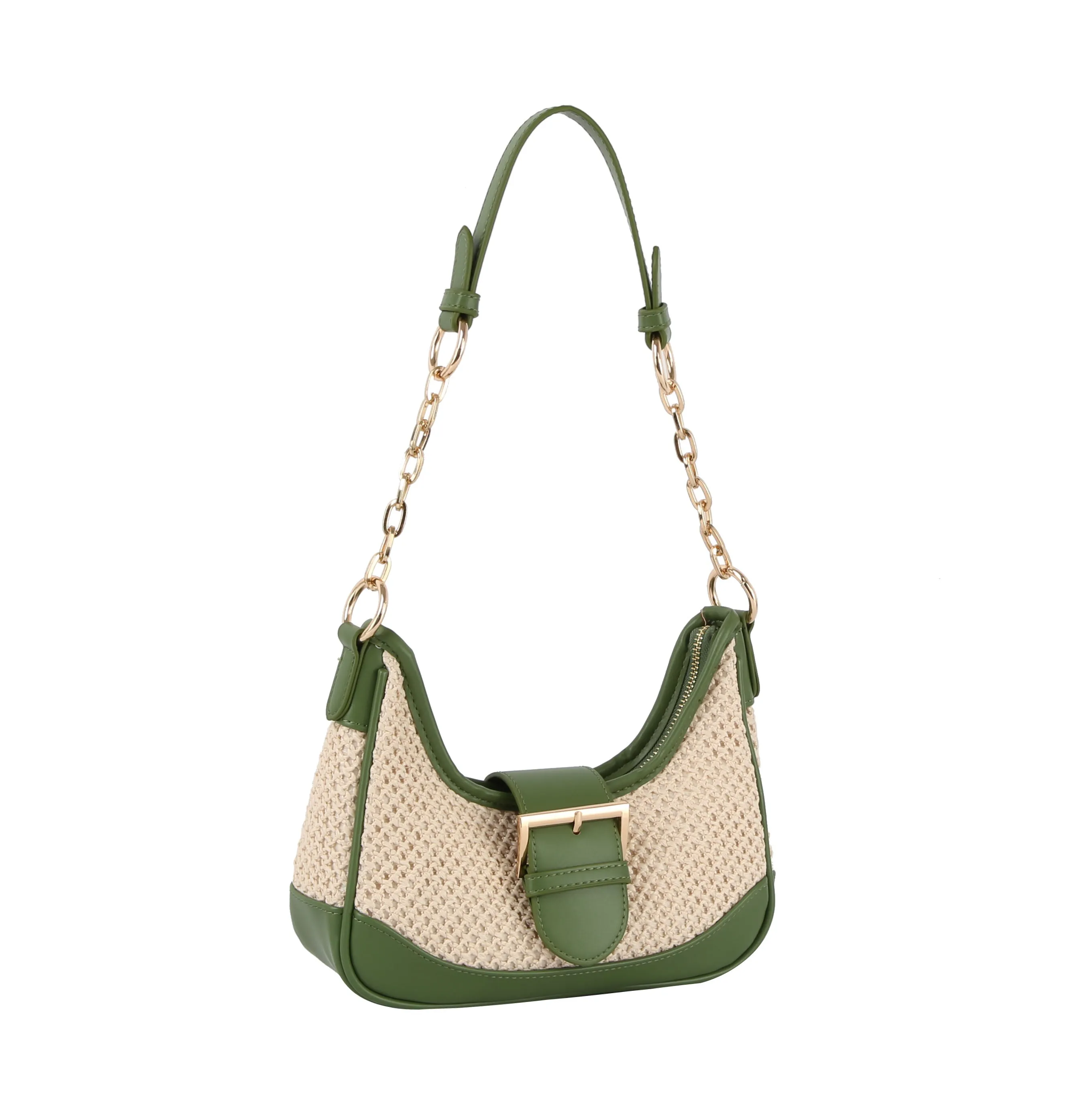 Buckle 2 tone fabric straw shoulder bag