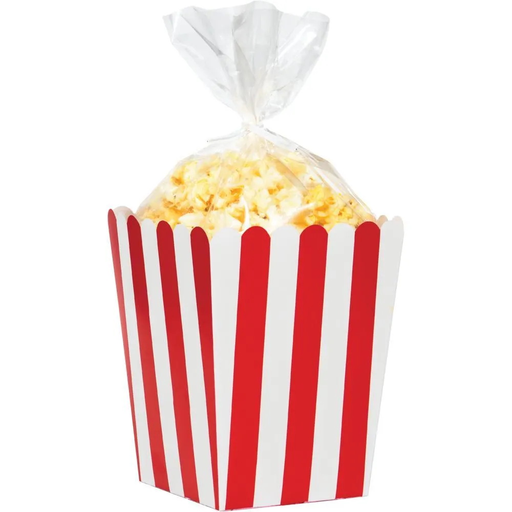 Bulk Red and White Striped Popcorn Treat Boxes with Cello Bags (48 per Case)