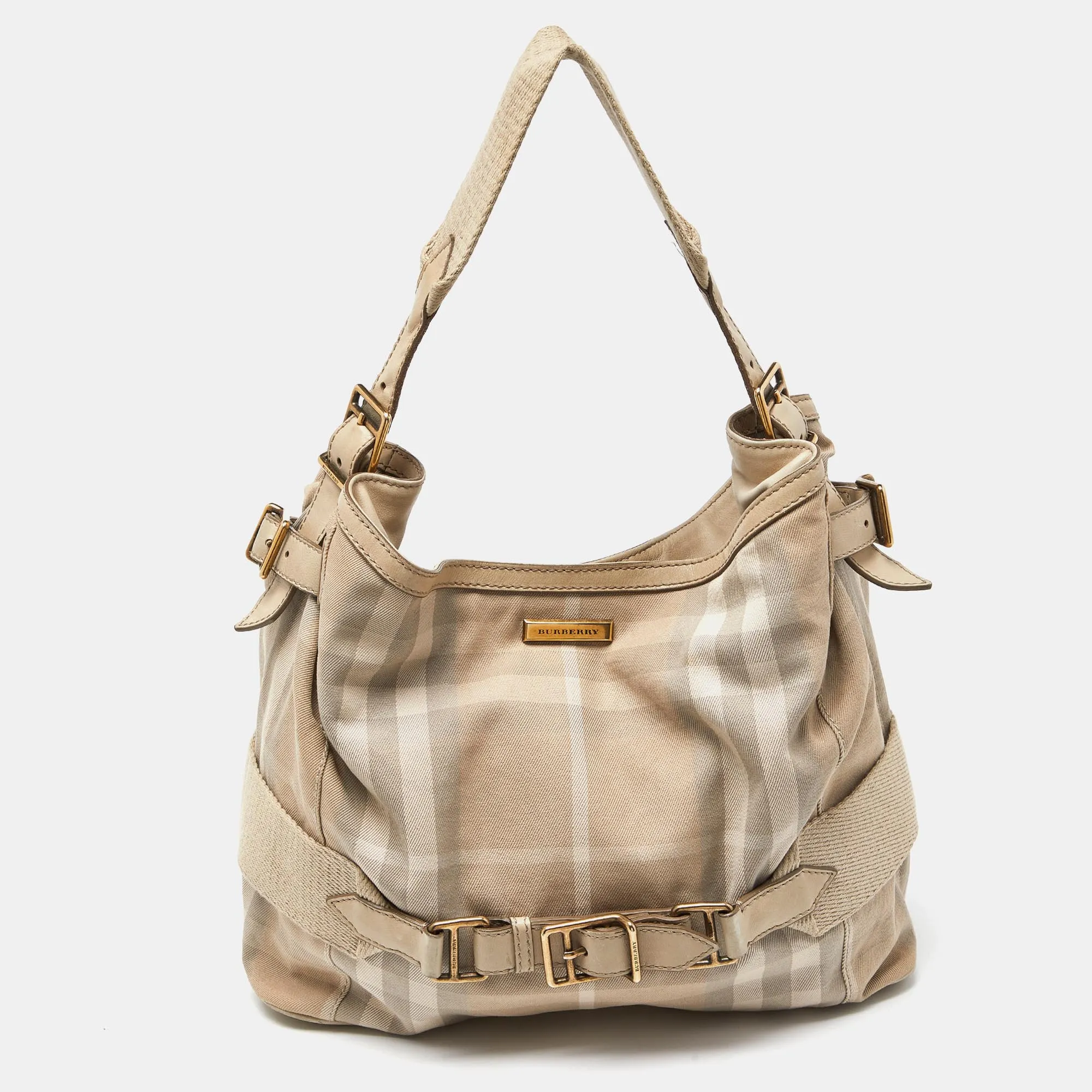 BURBERRY Beige House Check Canvas and Leather Large Parsons Bag