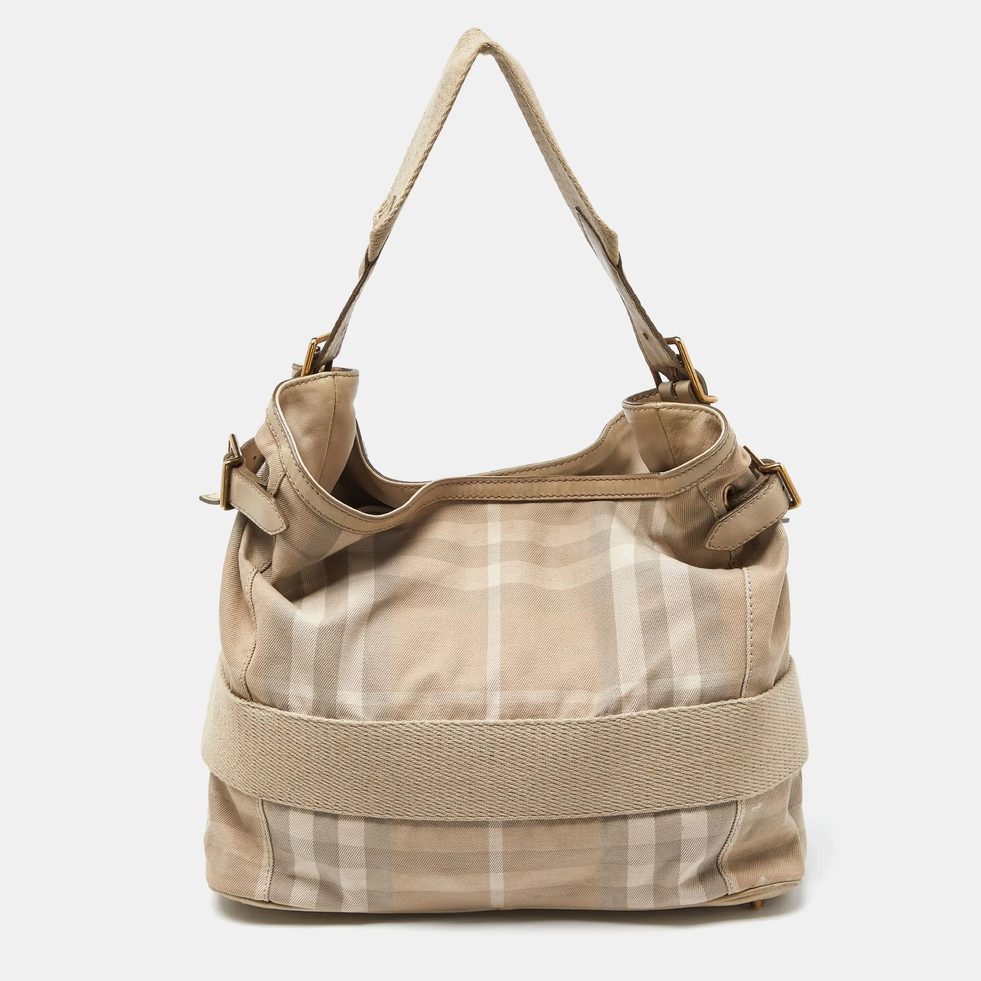 BURBERRY Beige House Check Canvas and Leather Large Parsons Bag