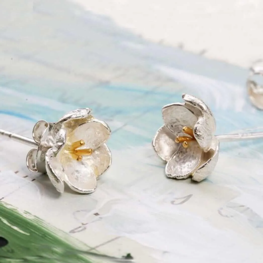 Buttercup Flower Sterling Silver Stud Earrings