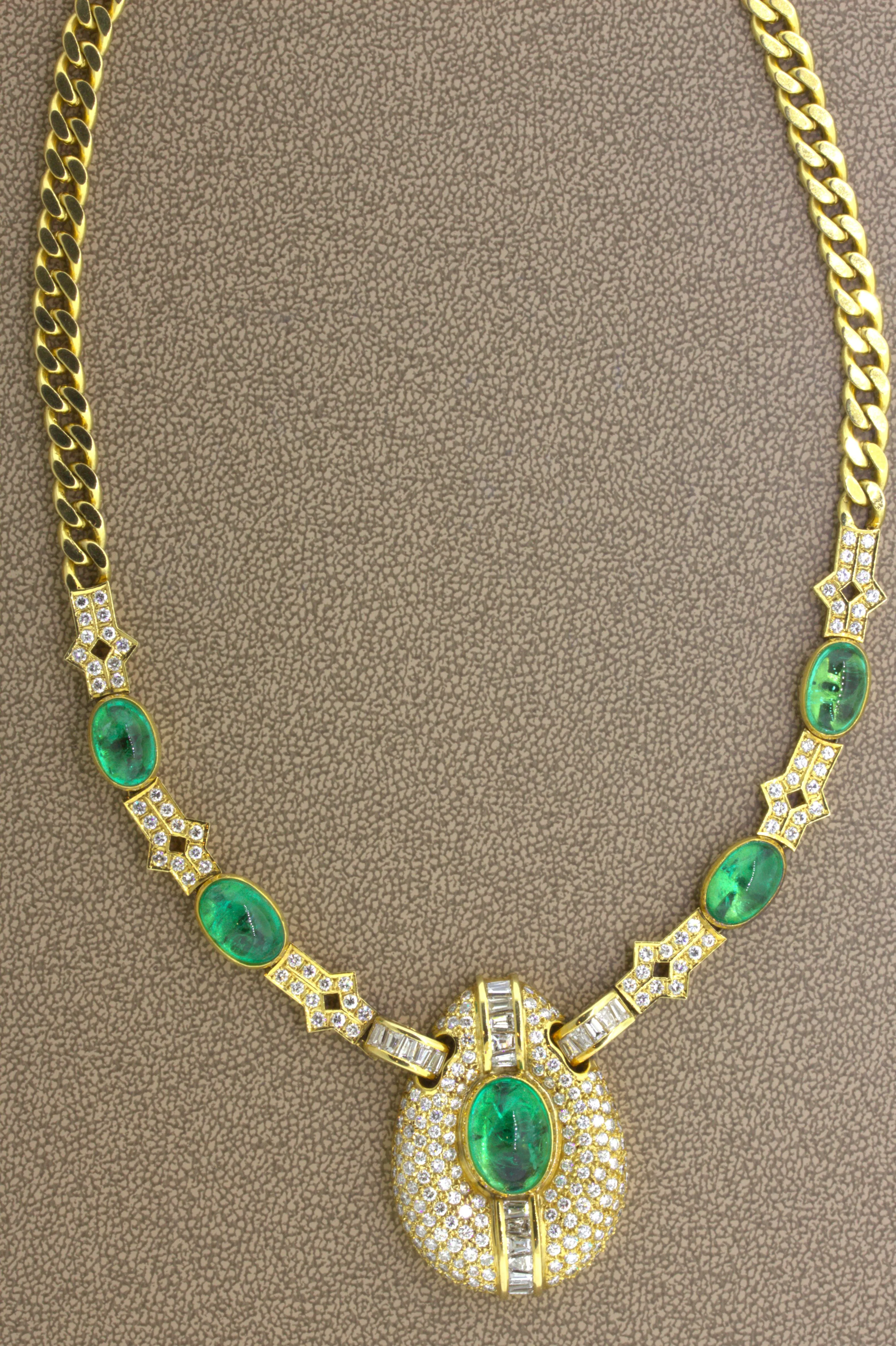 Cabochon Emerald Diamond 18k Yellow Gold Necklace