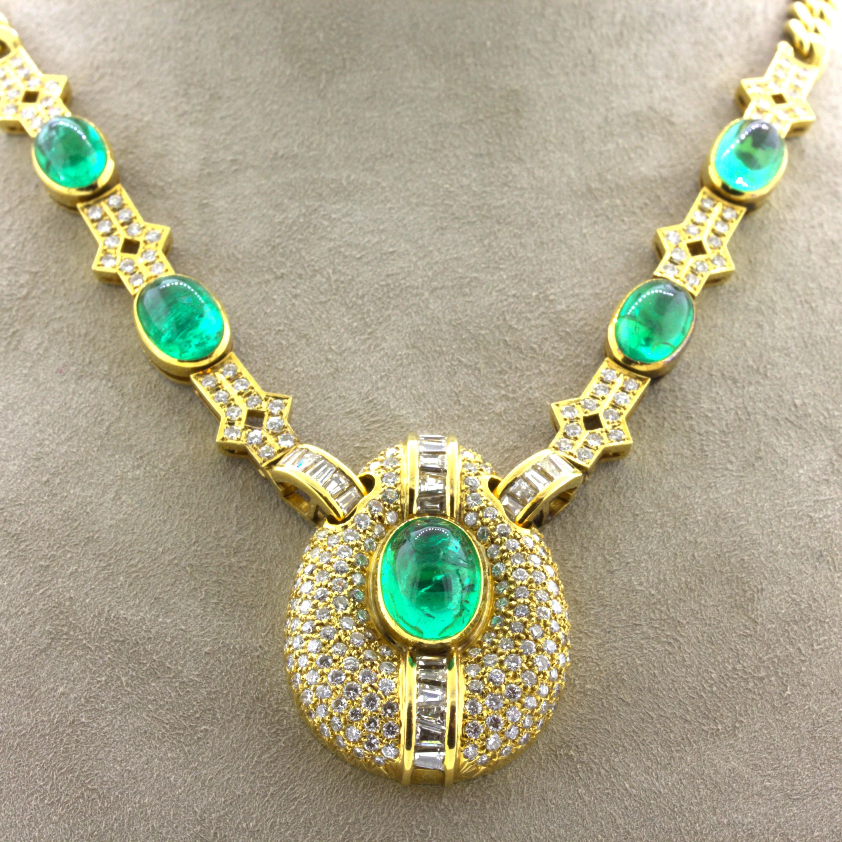 Cabochon Emerald Diamond 18k Yellow Gold Necklace