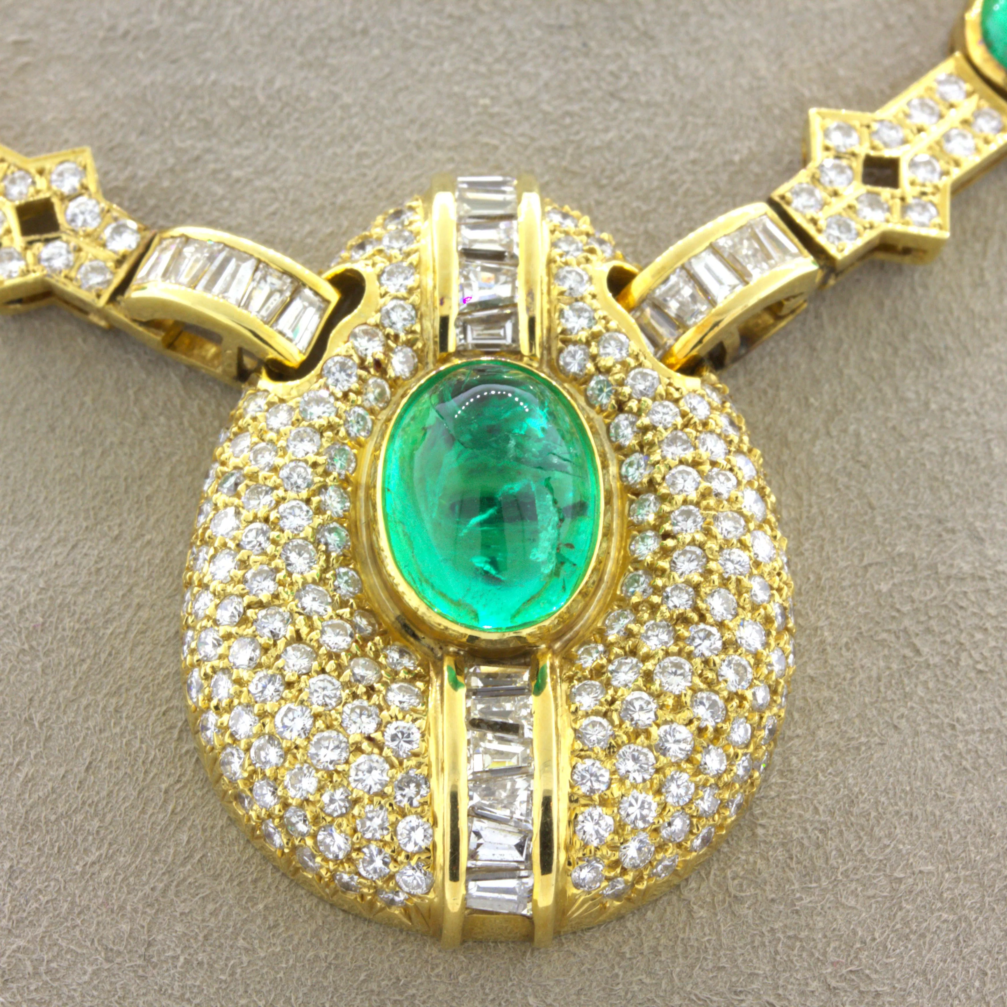 Cabochon Emerald Diamond 18k Yellow Gold Necklace