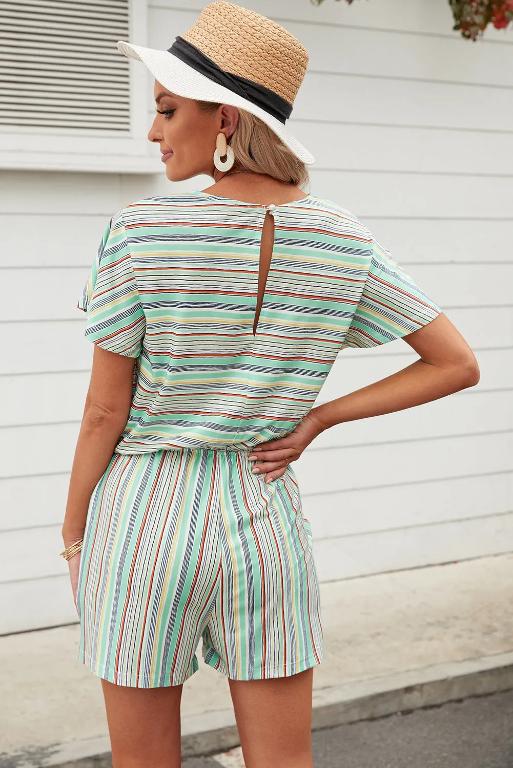 Colorful Stripe Drawstring Waist Romper