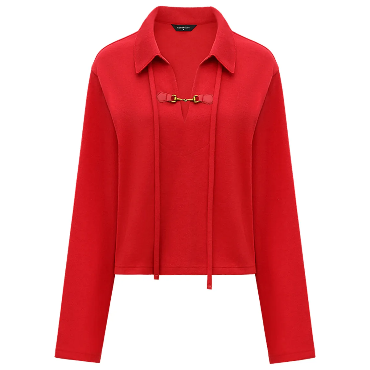 Comfy Drawstring Wide Sleeved Red Sweater With Collar Buckle