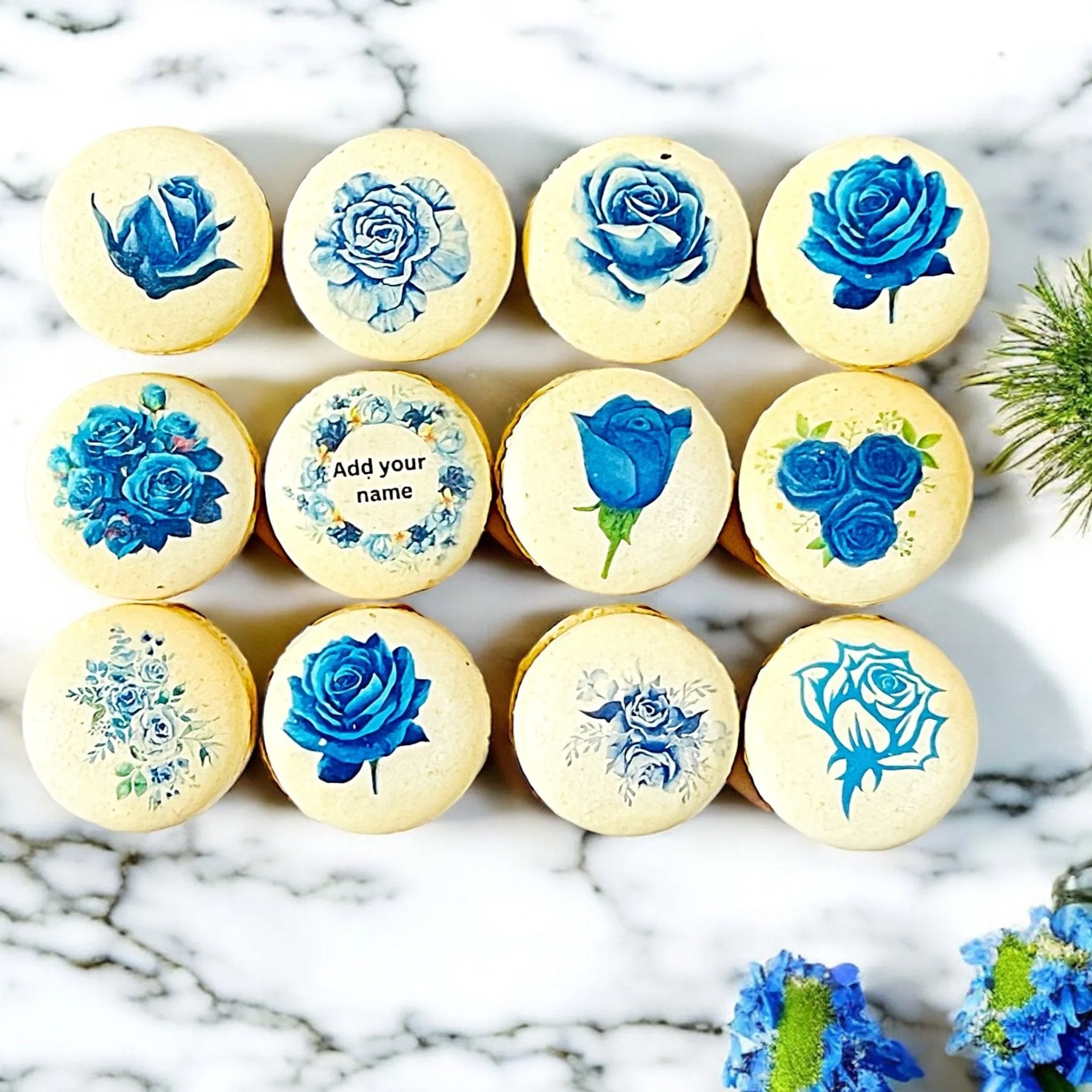 Custom Blue Rose Macarons - Personalized with Your Name - Elegant Floral Design