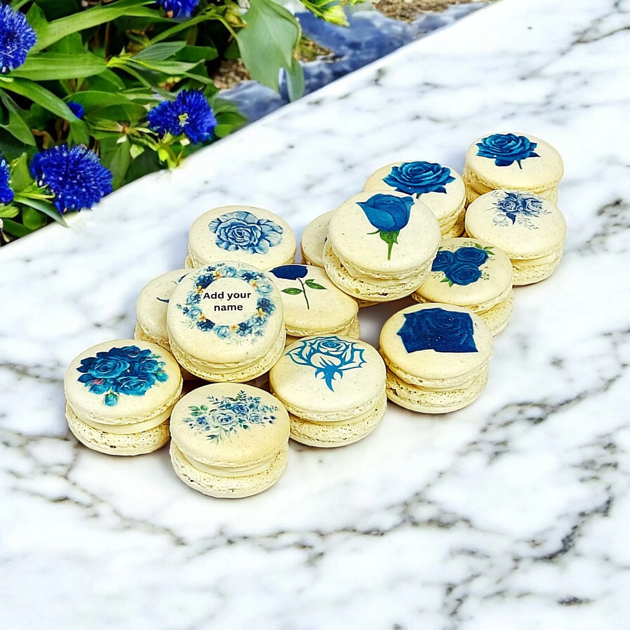 Custom Blue Rose Macarons - Personalized with Your Name - Elegant Floral Design