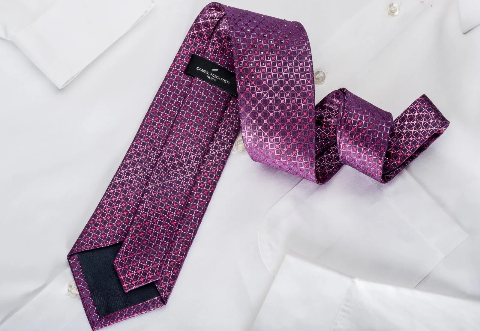 Daniel Hechter Rhinestone Necktie Trellis On Purple With Silver Sparkles