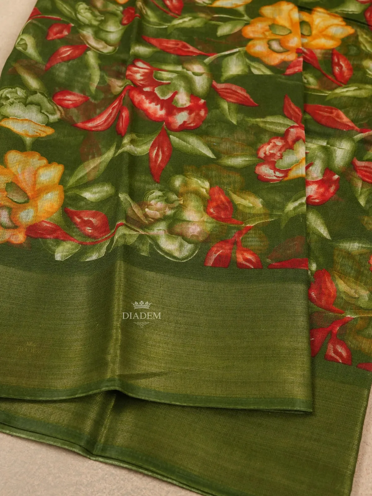 Dark Green Linen Cotton Saree With Floral Motifs On the Body with Matching Border