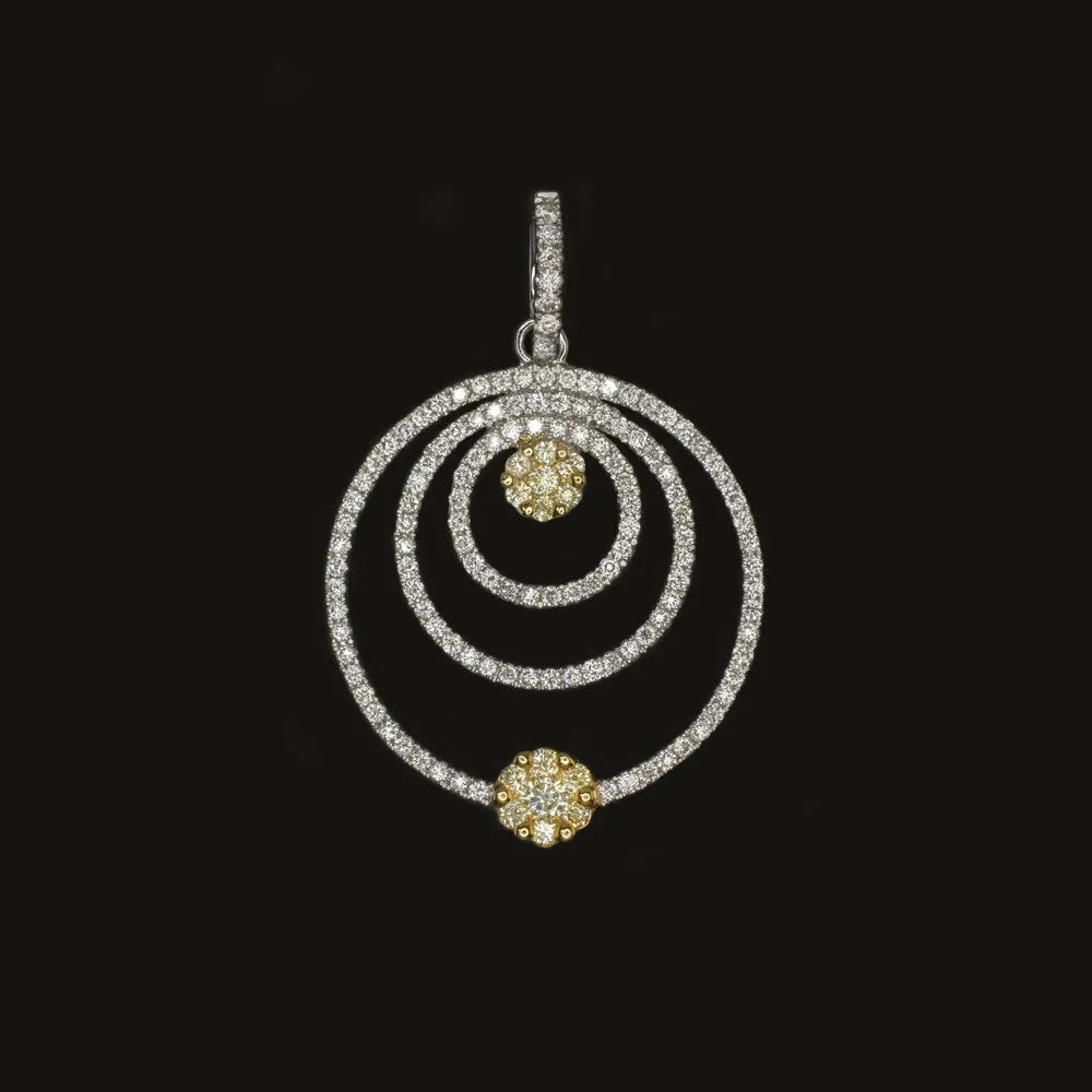 DIAMOND CIRCLE PENDANT 18k WHITE YELLOW GOLD FANCY LIGHT YELLOW HALO NECKLACE