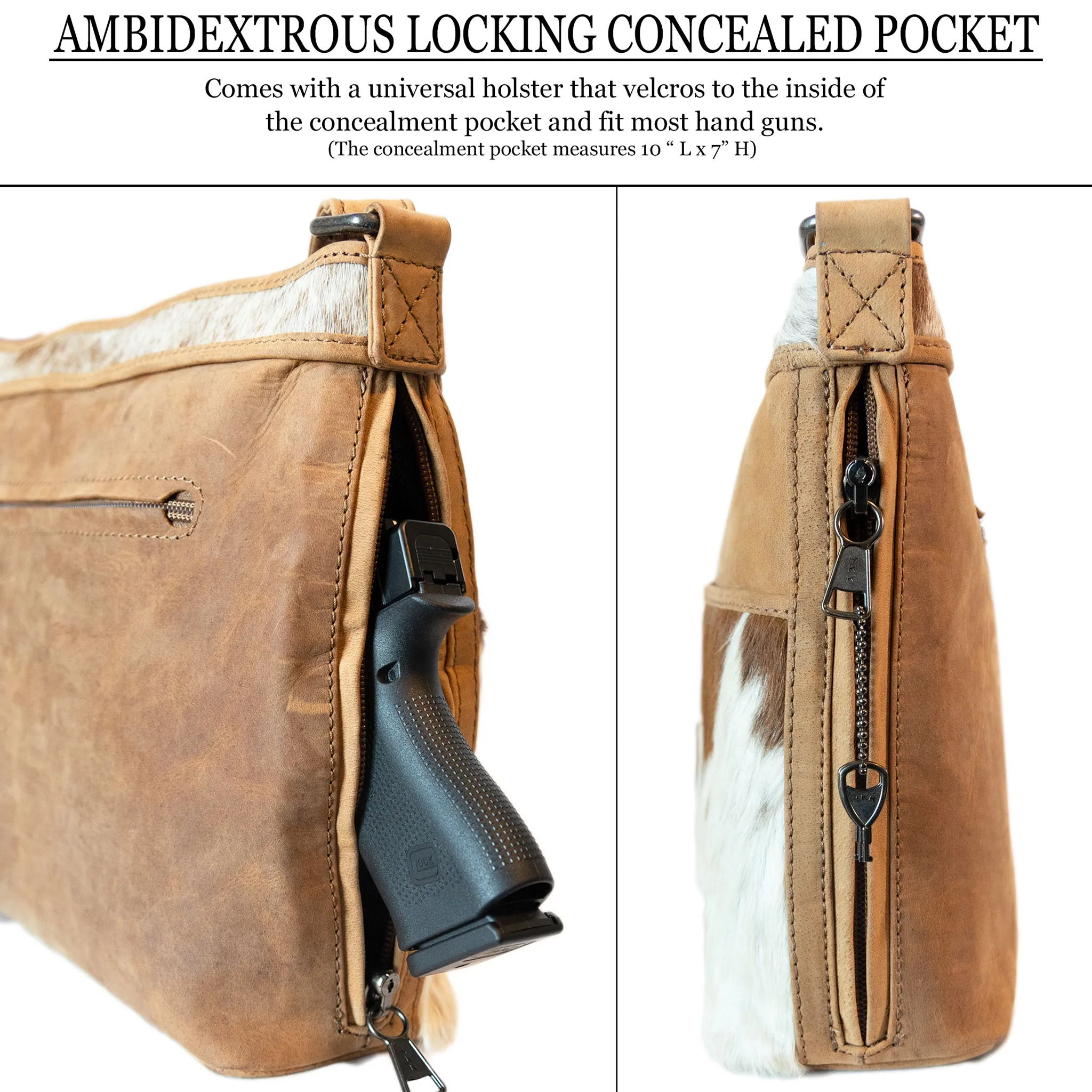 Diana | Leather Concealed Carry Crossbody, Shoulder Bag | Hair-On Cowhide Accents | Mid-Size Bag | Locking Exterior Concealment Pocket