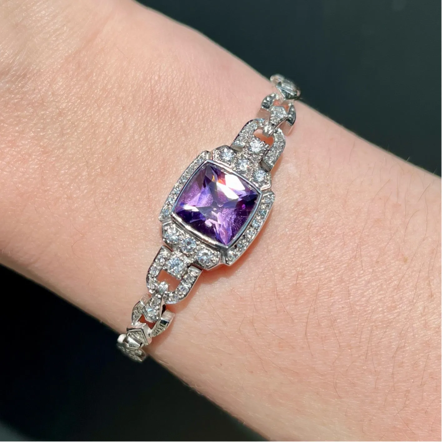 Estate 14k White Gold 4.13 Carat Amethyst and Diamond Bracelet