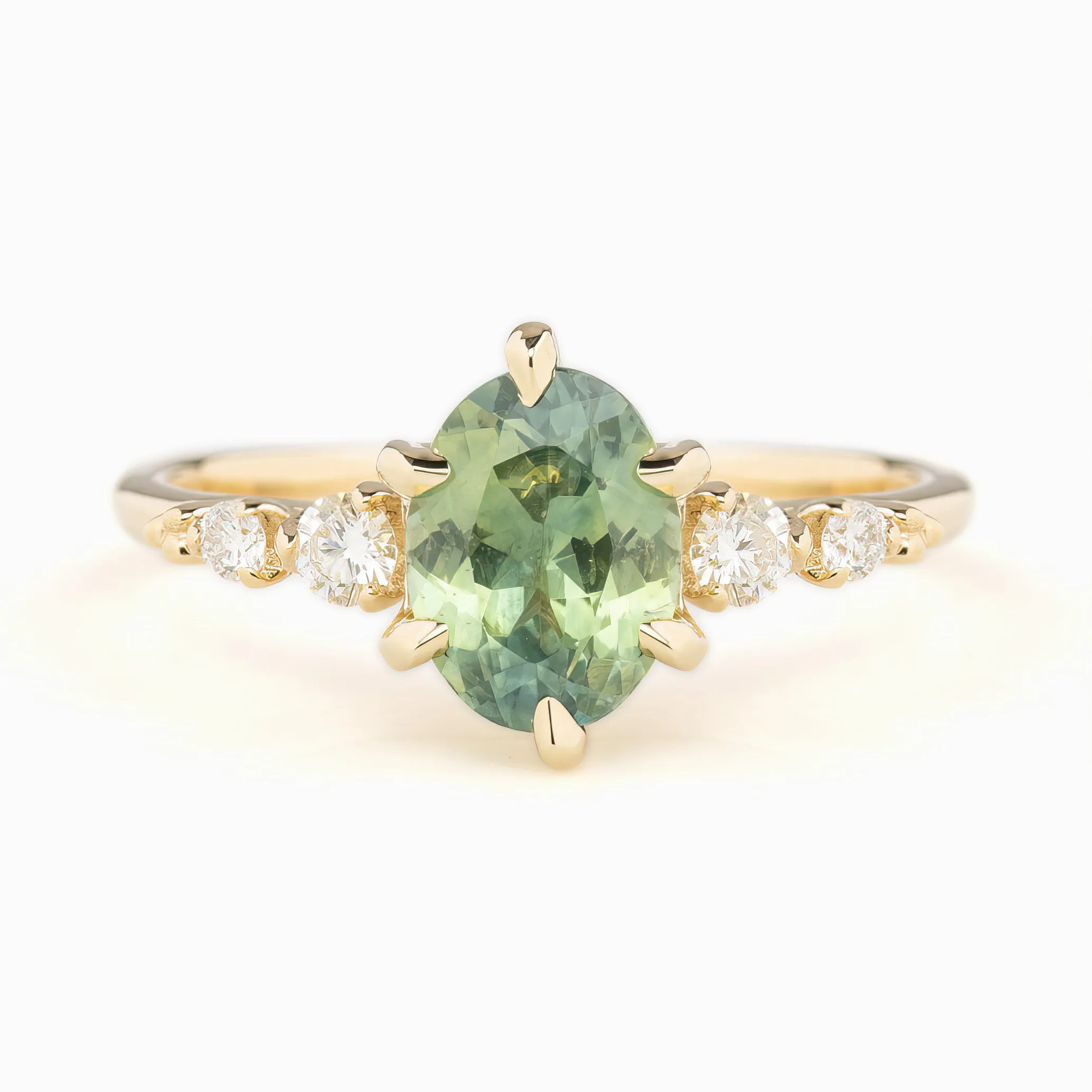 Estel Fleur Six Prongs Ring 1.61ct Parti Green Yellow Oval Montana Sapphire, 14K Yellow Gold (One of a kind)