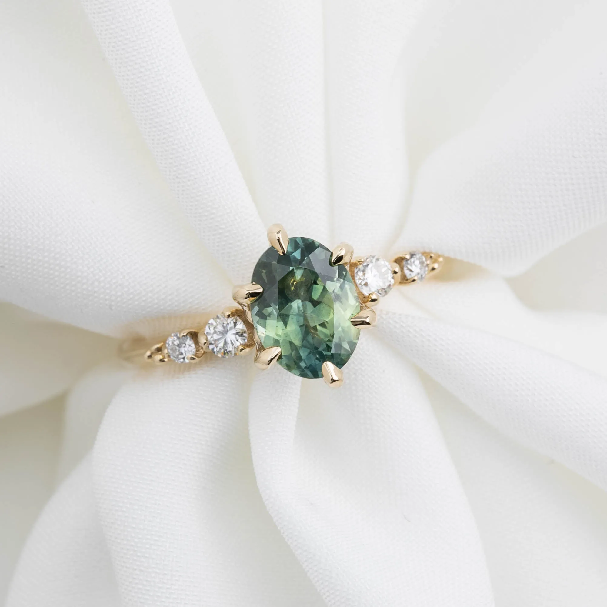 Estel Fleur Six Prongs Ring 1.61ct Parti Green Yellow Oval Montana Sapphire, 14K Yellow Gold (One of a kind)