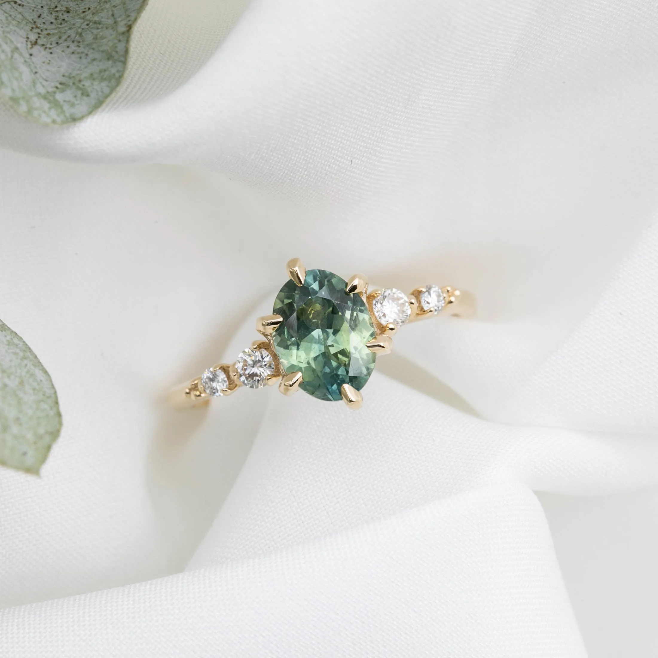 Estel Fleur Six Prongs Ring 1.61ct Parti Green Yellow Oval Montana Sapphire, 14K Yellow Gold (One of a kind)