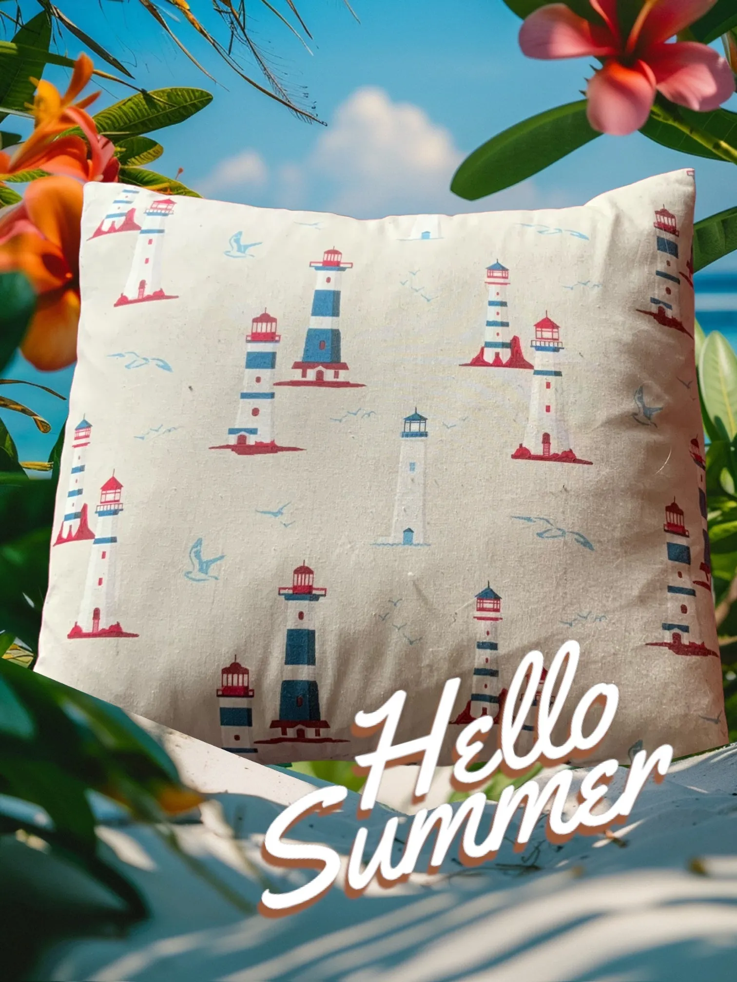 Finistiere - lighthouse - Light Furnishing Cotton Fabric - Bright Patterned  Fabric for Lampshades, Cushions, Bags and Curtains