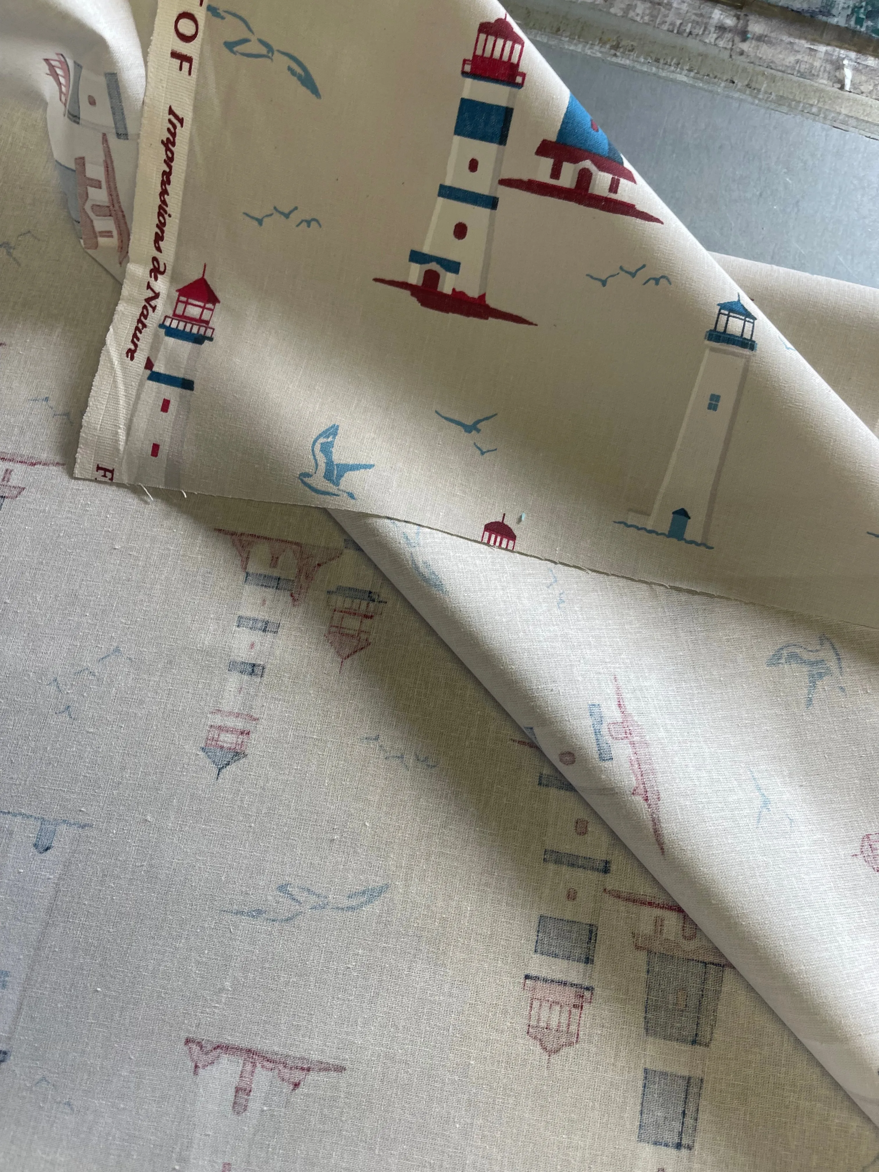 Finistiere - lighthouse - Light Furnishing Cotton Fabric - Bright Patterned  Fabric for Lampshades, Cushions, Bags and Curtains