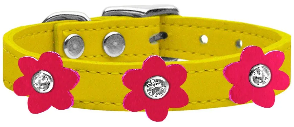 Flower Leather Collar Yellow With Bright Pink Flowers Size 10