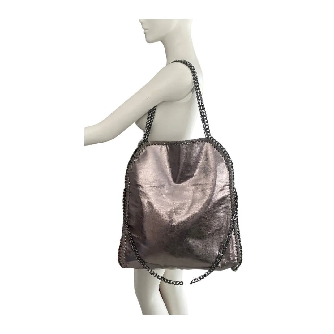 Fold-Over Chain Large Tote Shoulder Bag Metallic Grey