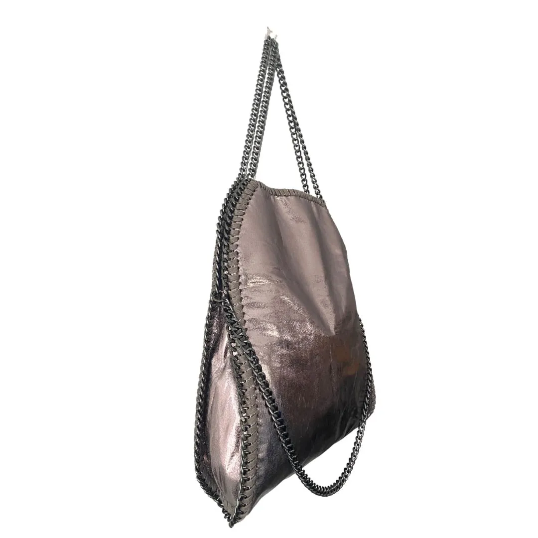 Fold-Over Chain Large Tote Shoulder Bag Metallic Grey