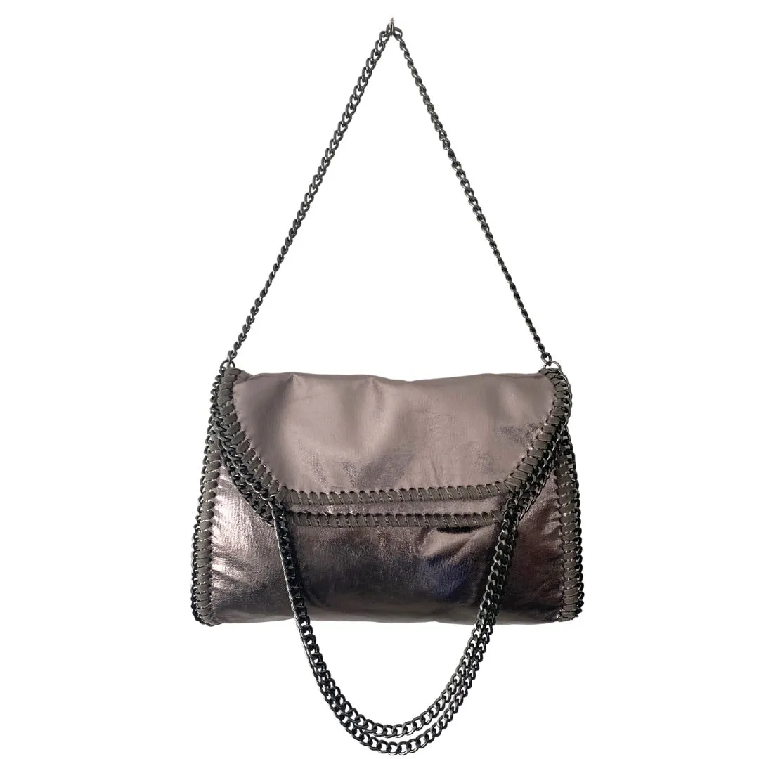 Fold-Over Chain Large Tote Shoulder Bag Metallic Grey