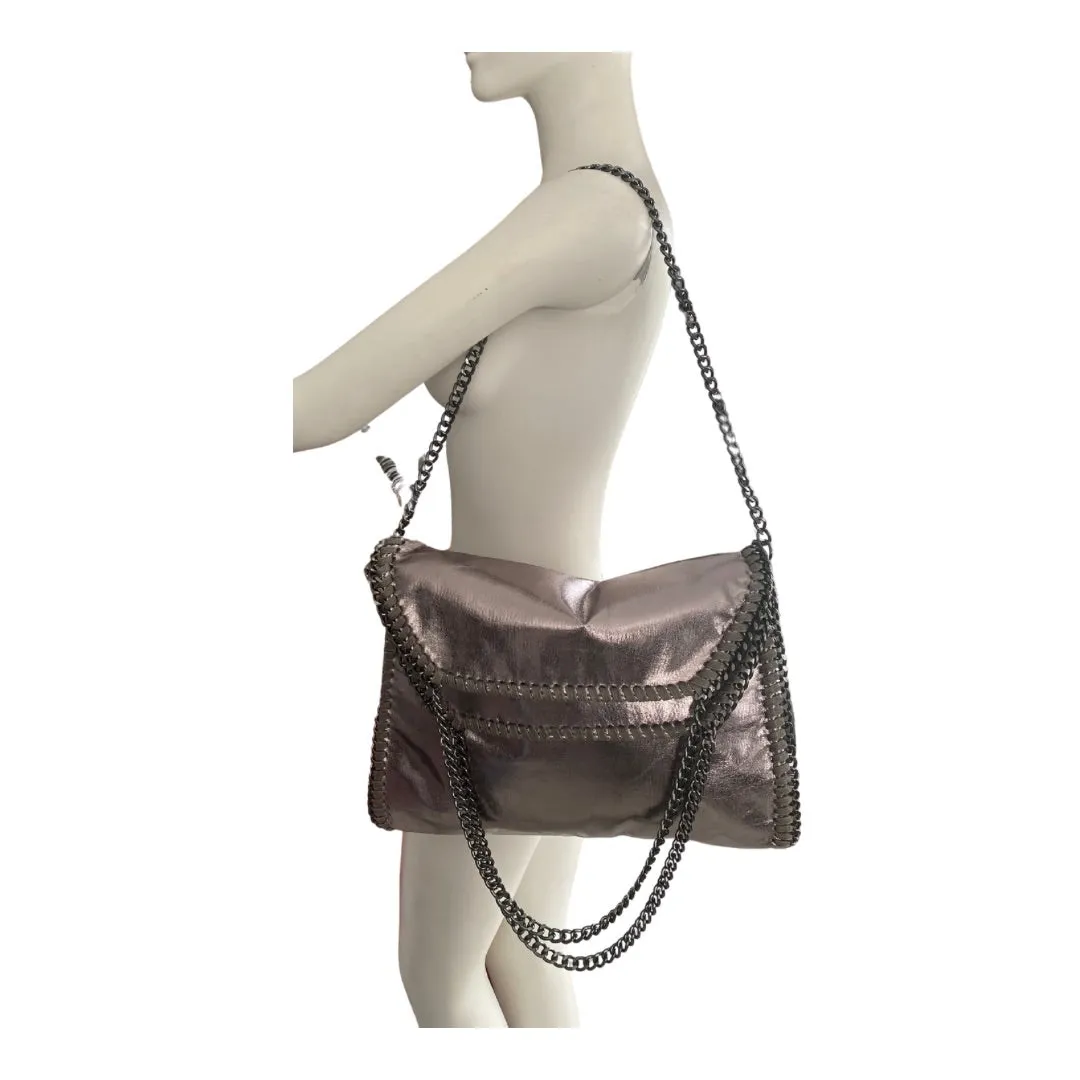 Fold-Over Chain Large Tote Shoulder Bag Metallic Grey