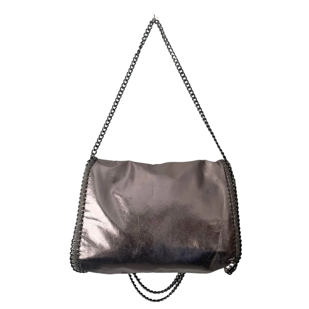 Fold-Over Chain Large Tote Shoulder Bag Metallic Grey