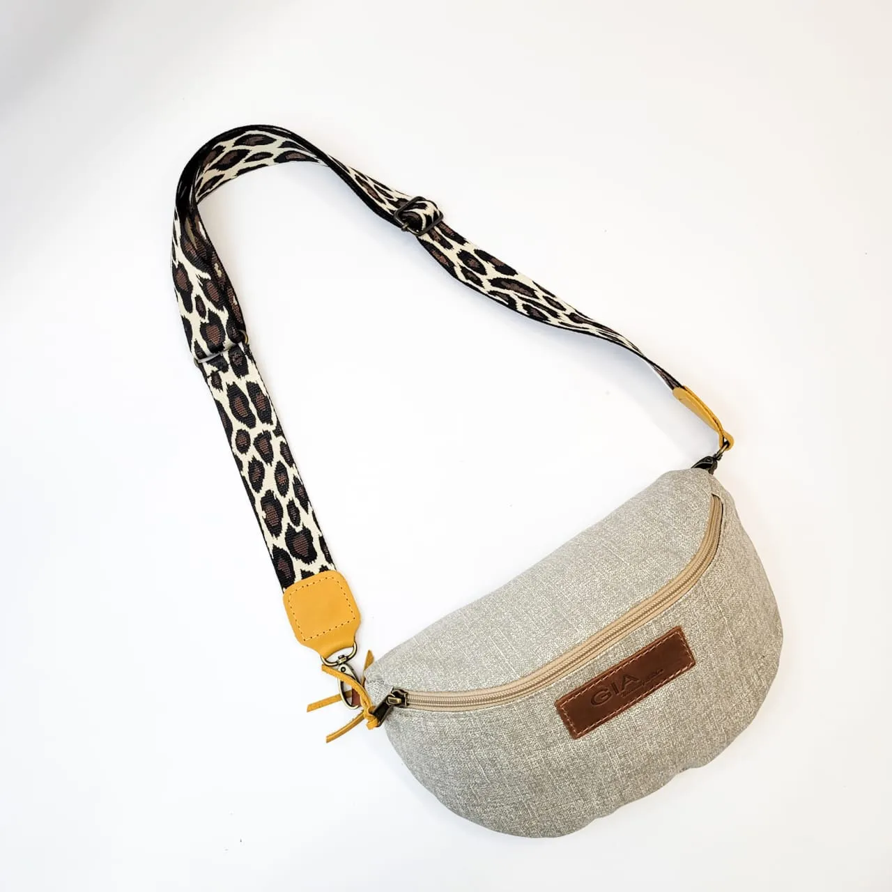 Gia beige canvas fabric moonbag