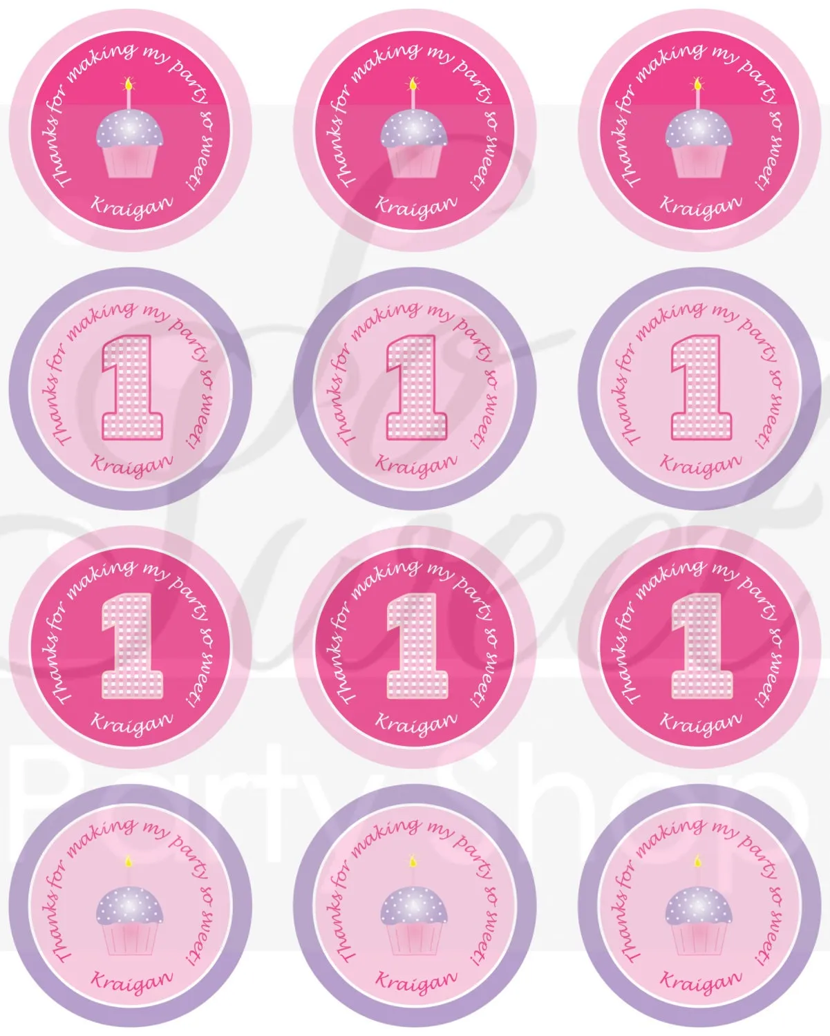 Girls 1st Birthday Stickers, Cupcake Birthday Party Favor Stickers, Personalized Birthday Stickers, Pink and Purple Birthday - Set of 24