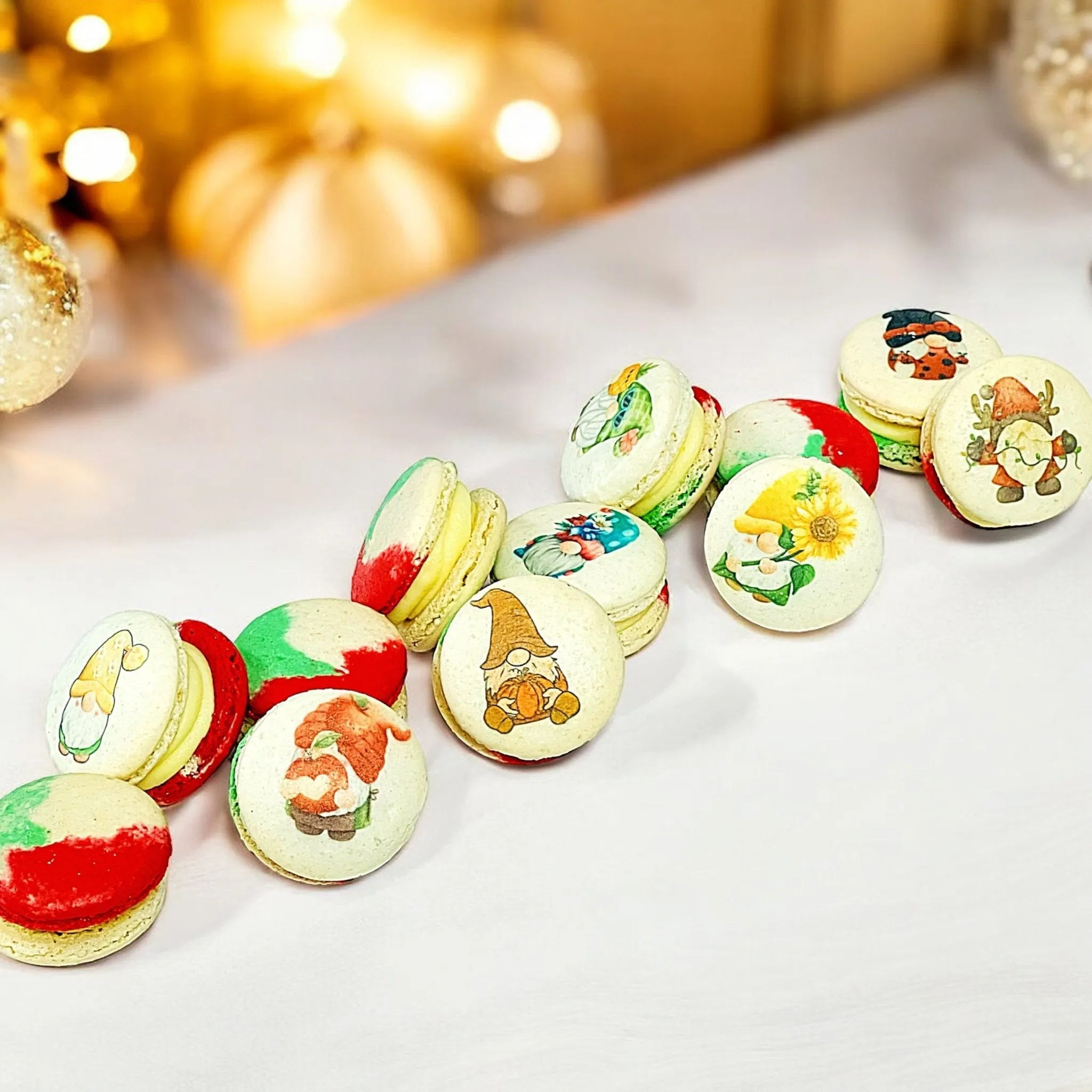 Gnome-Themed Tricolor Swirl Macarons - Custom Flavors | Available in 6, 12 & 24 Pack