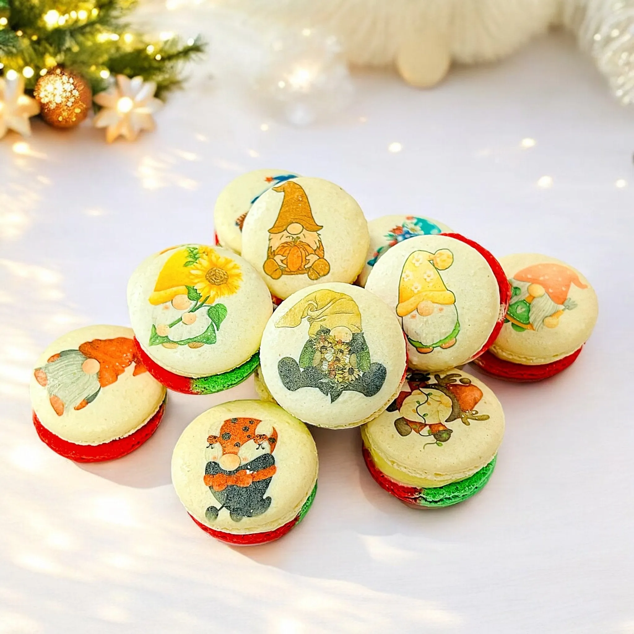 Gnome-Themed Tricolor Swirl Macarons - Custom Flavors | Available in 6, 12 & 24 Pack