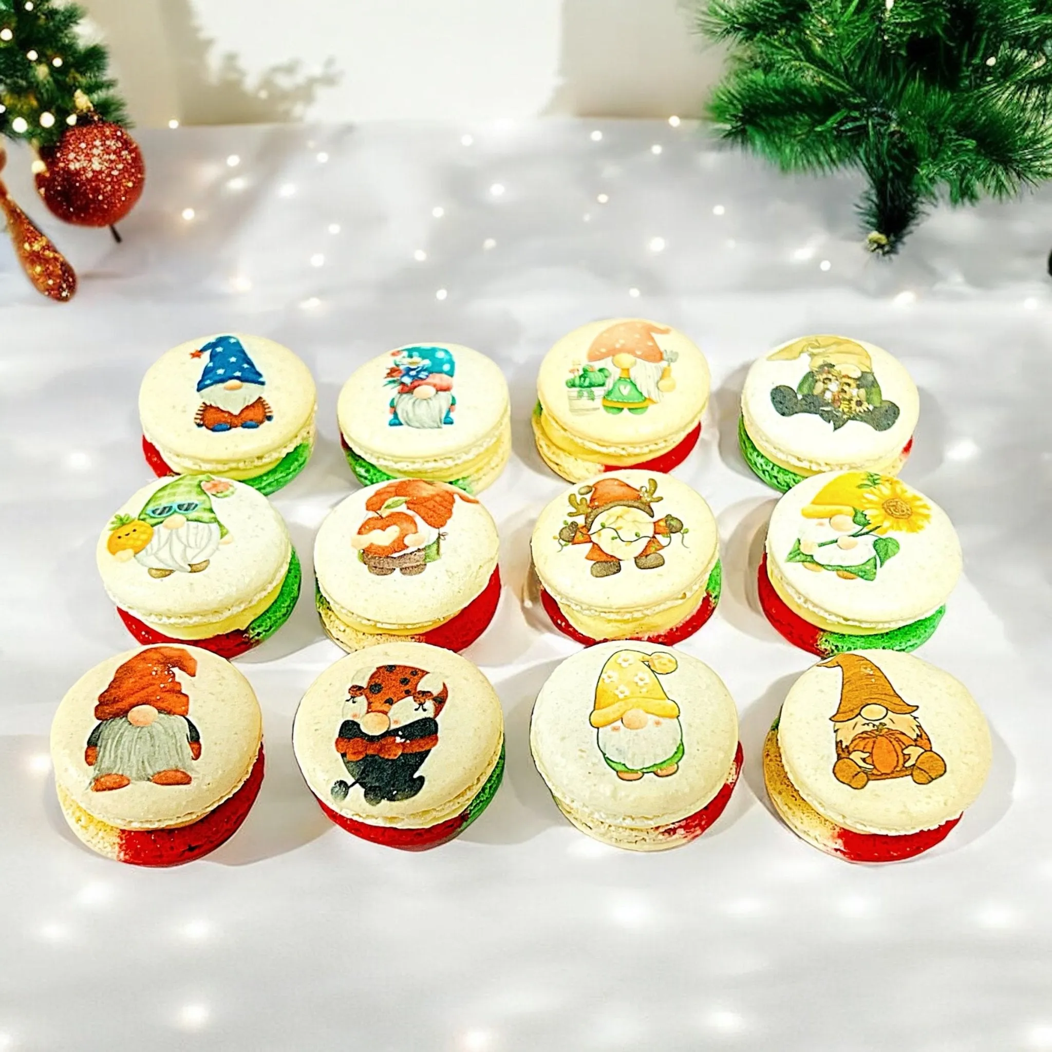 Gnome-Themed Tricolor Swirl Macarons - Custom Flavors | Available in 6, 12 & 24 Pack