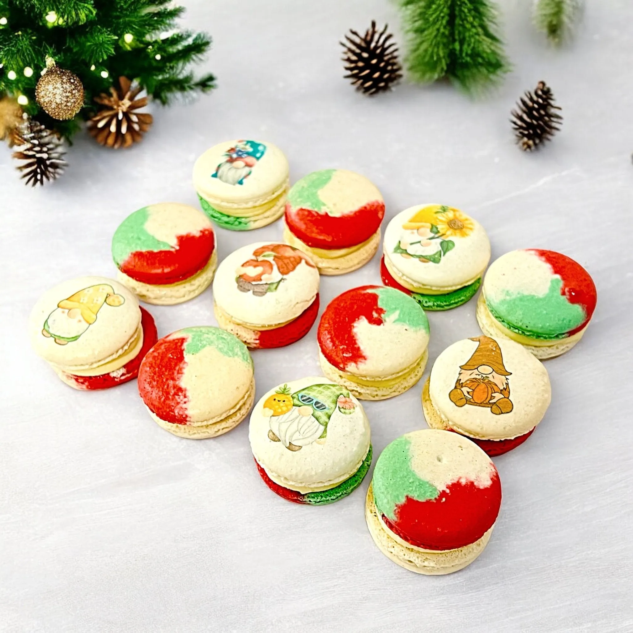 Gnome-Themed Tricolor Swirl Macarons - Custom Flavors | Available in 6, 12 & 24 Pack