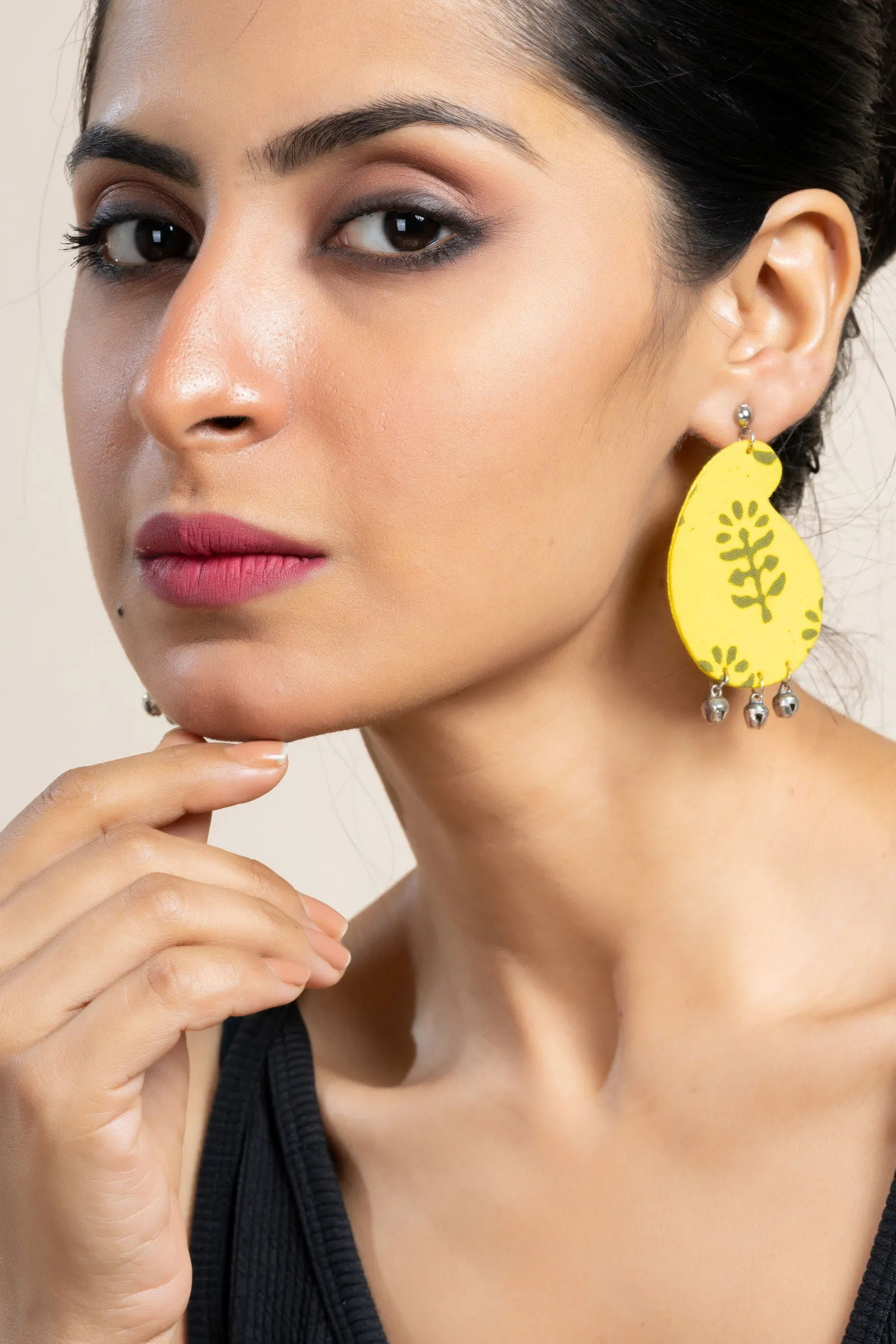 Handmade Lemon Yellow Dabu Fabric Ghungroo Earrings with Oxidized Studs, Elegant & Unique Design