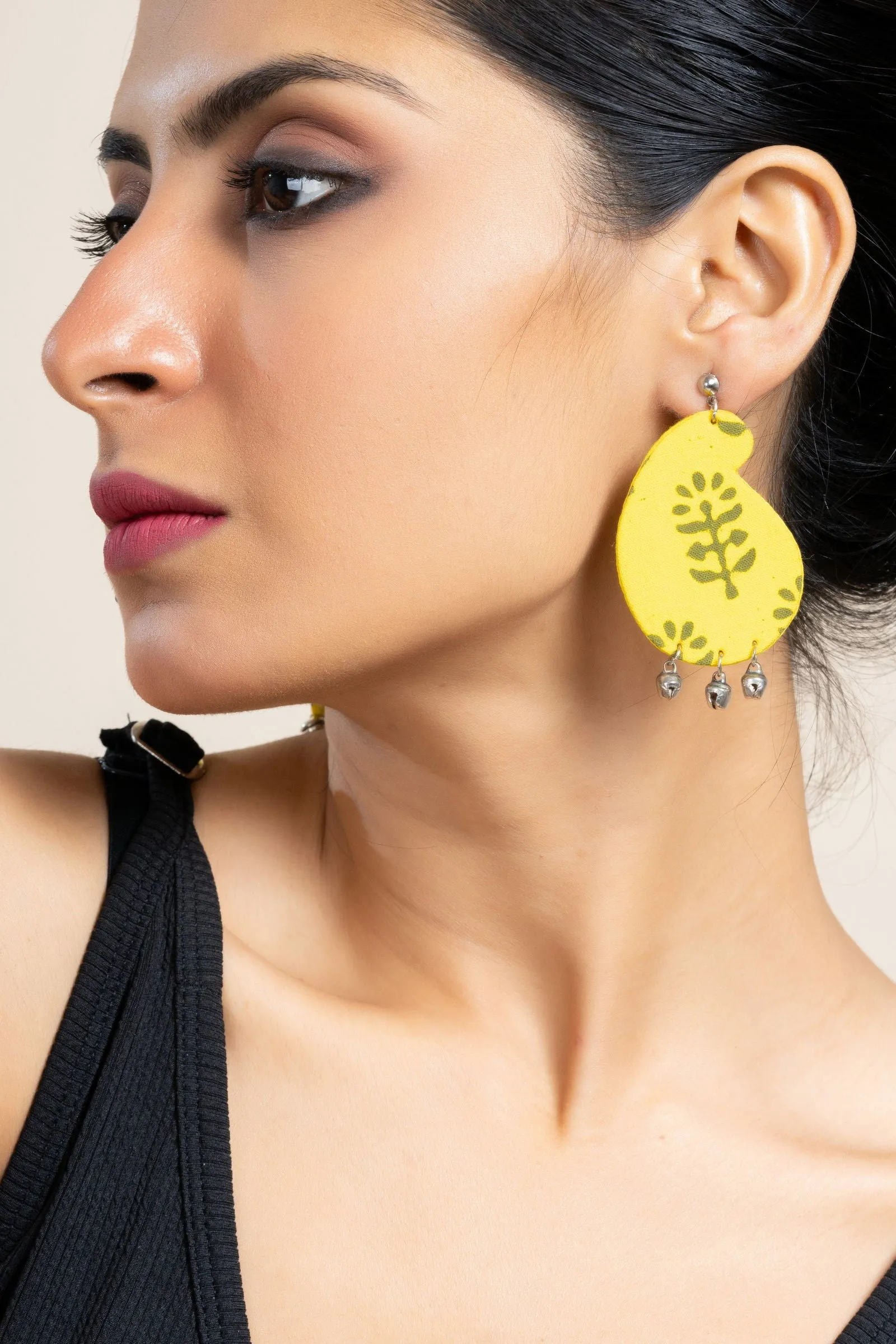 Handmade Lemon Yellow Dabu Fabric Ghungroo Earrings with Oxidized Studs, Elegant & Unique Design